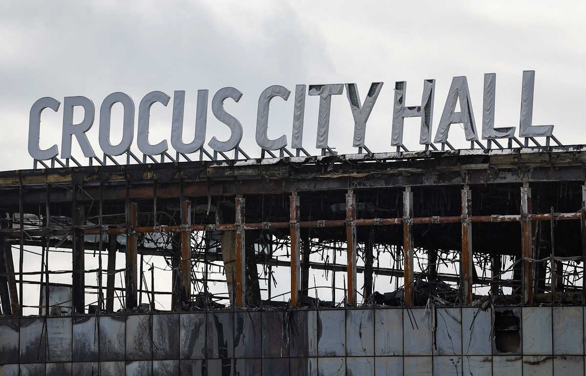 FILE PHOTO: A view shows the burnt-out Crocus City Hall following a deadly attack on the concert venue outside Moscow, Russia, March 26, 2024. REUTERS