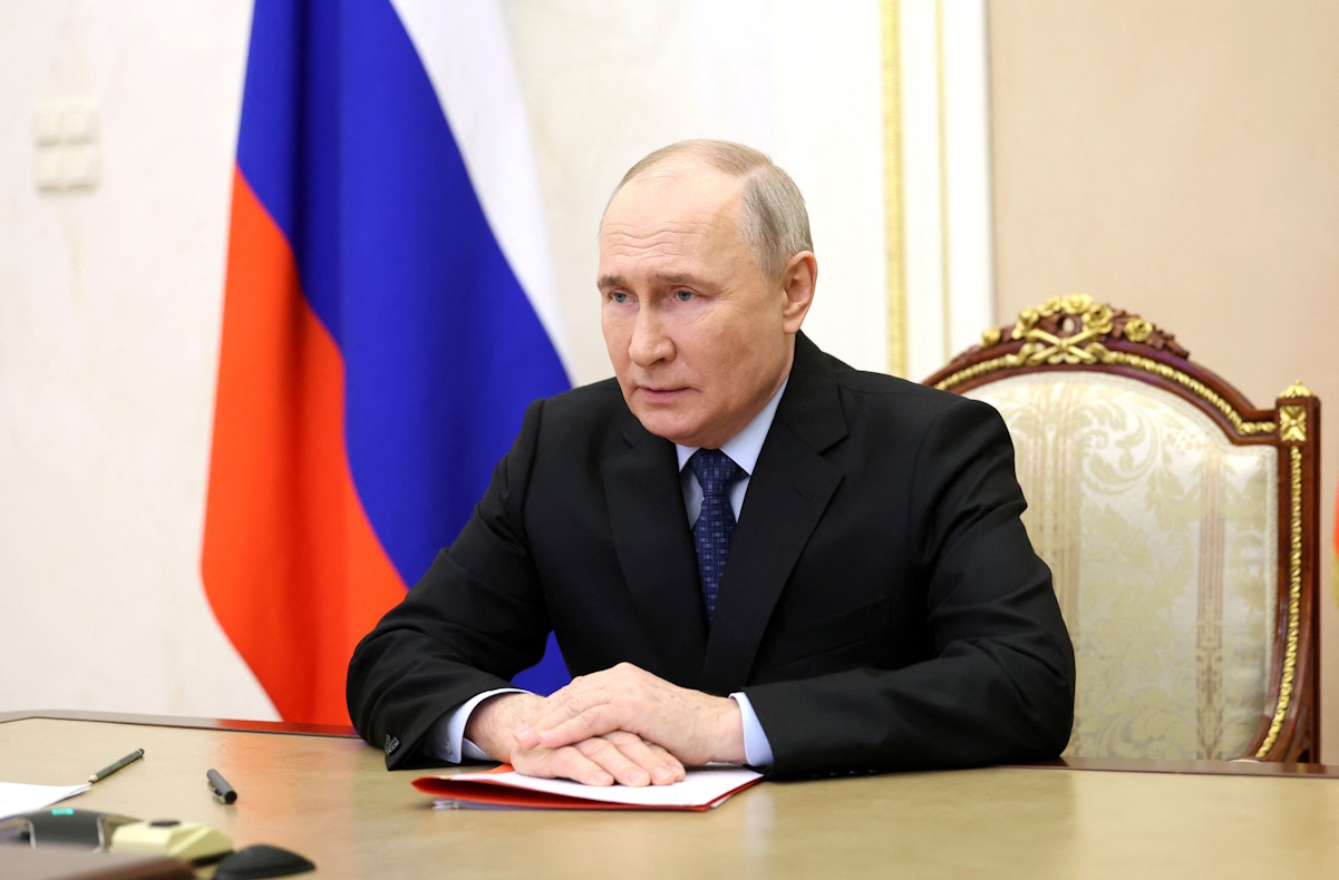 Russian President Vladimir Putin chairs a meeting with members of the Security Council via video link in Moscow, Russia, March 1, 2024. Sputnik