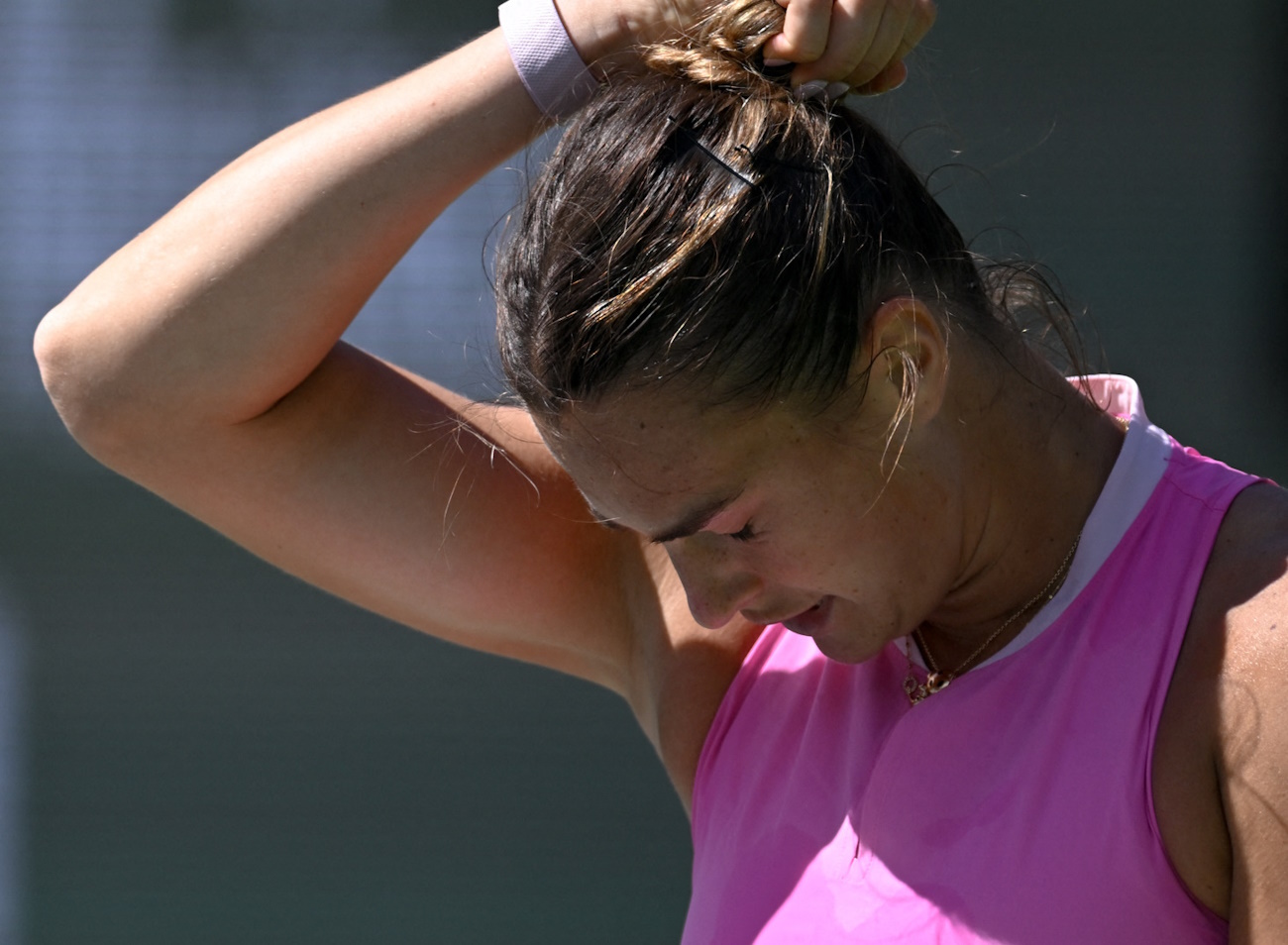 Mar 11, 2024; Indian Wells, CA, USA; Aryna Sabalenka reacts after losing a point in her third round match against Emma Raducanu (GBR) during the BNP Paribas Open at Indian Wells Tennis Garden. Mandatory Credit: Jonathan Hui-USA TODAY Sports
