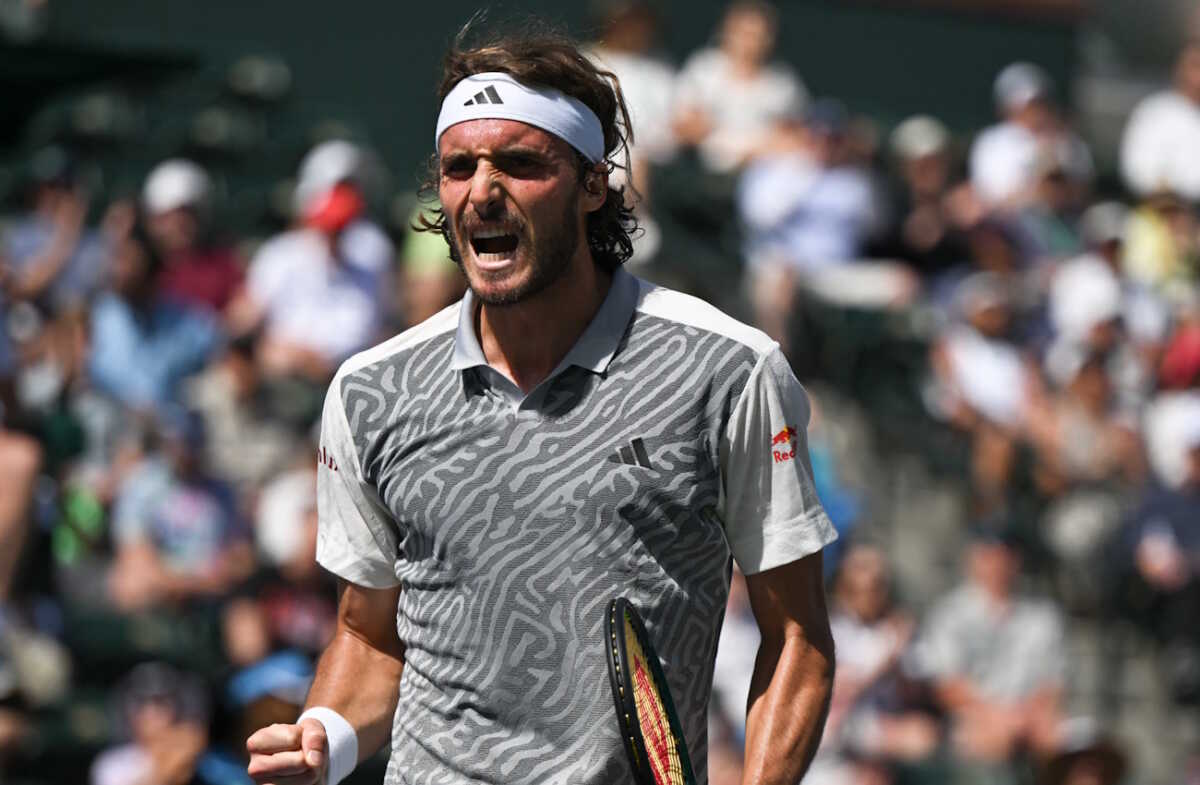 Mar 10, 2024; Indian Wells, CA, USA; Stefanos Tsitsipas (GRE) reacts after winning a point in his third round match against Frances Tiafoe (USA) during the BNP Paribas Open at Indian Wells Tennis Garden. Mandatory Credit: Jonathan Hui-USA TODAY Sports