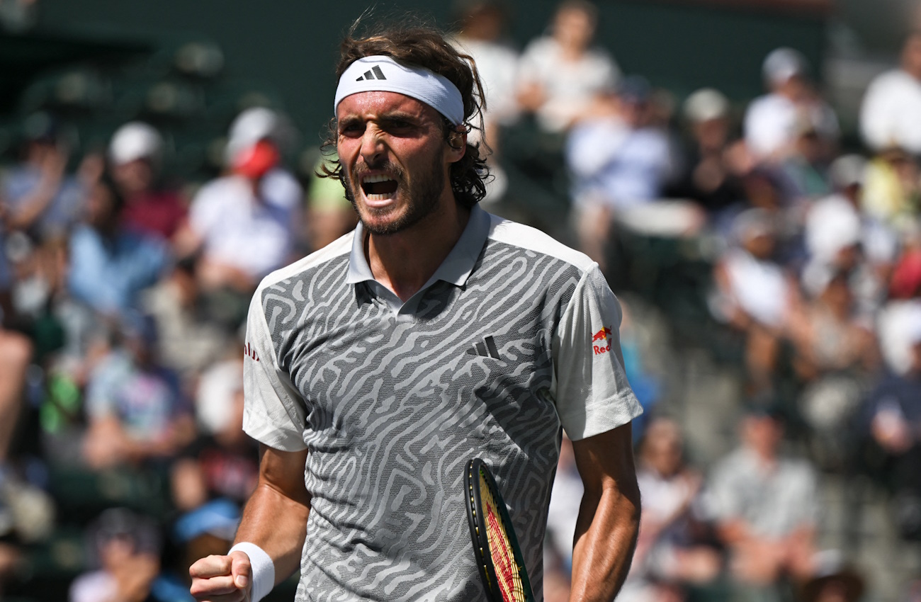 Mar 10, 2024; Indian Wells, CA, USA; Stefanos Tsitsipas (GRE) reacts after winning a point in his third round match against Frances Tiafoe (USA) during the BNP Paribas Open at Indian Wells Tennis Garden. Mandatory Credit: Jonathan Hui-USA TODAY Sports