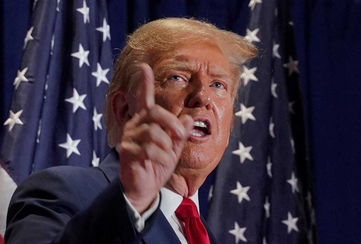 Republican presidential candidate and former U.S. President Donald Trump gestures during a campaign rally on March 2 in Richmond, Virginia, U.S. March 2, 2024.  REUTERS