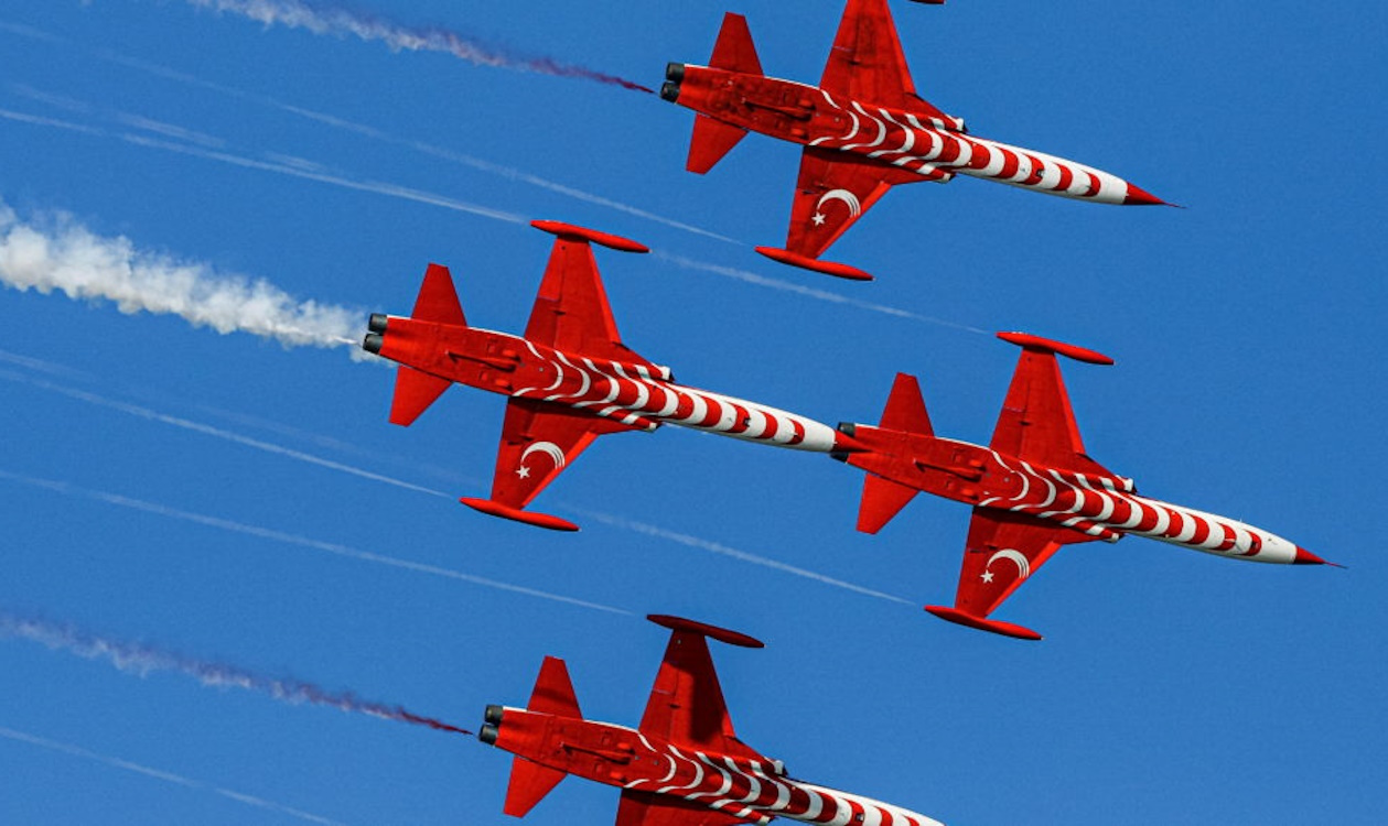 The aerobatic team Turkish Stars performs during a demonstration flight at Teknofest aerospace and technology festival in Baku, Azerbaijan May 27, 2022. REUTERS