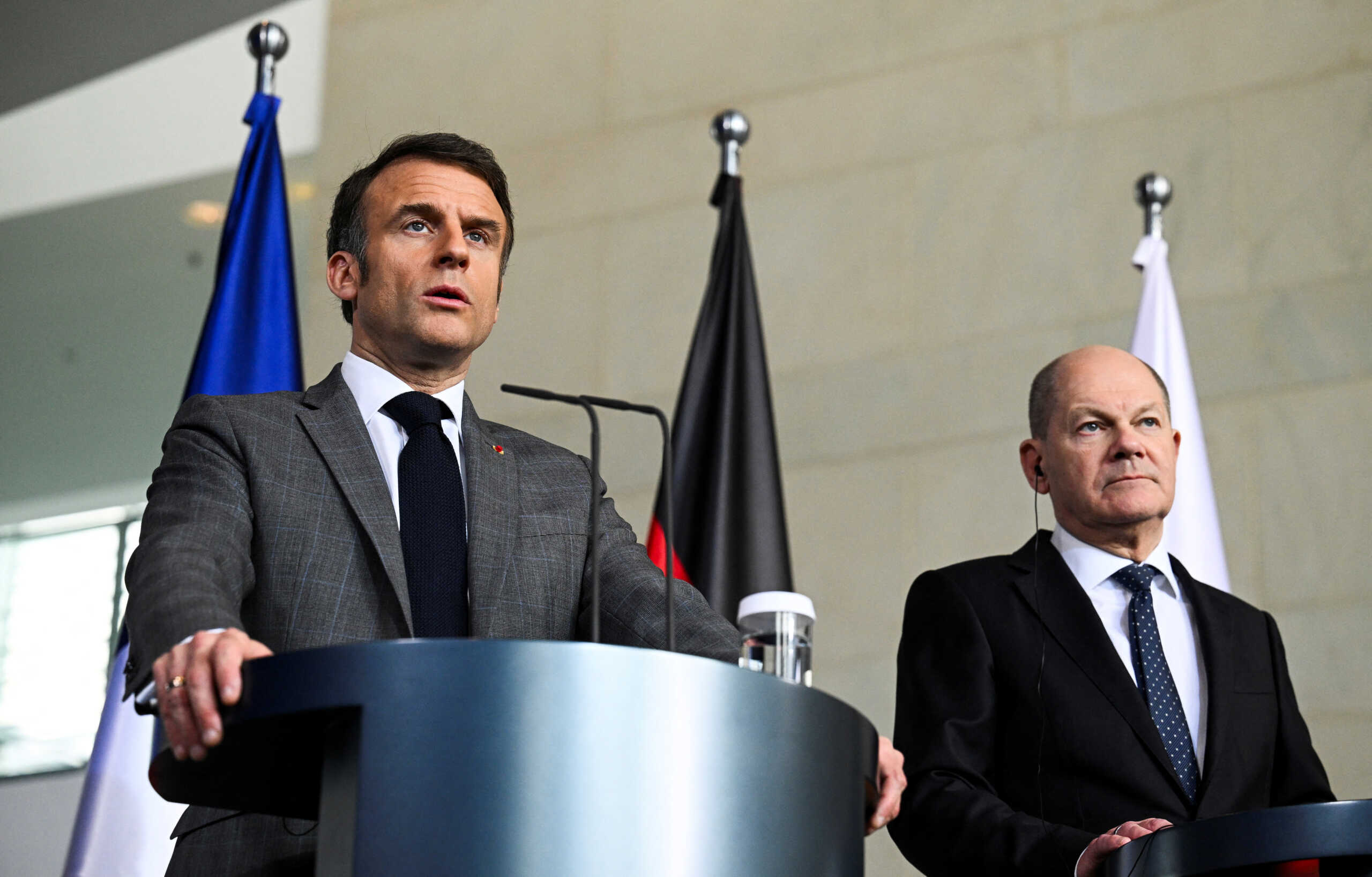 French President Emmanuel Macron speaks during a press statement with German Chancellor Olaf Scholz and Polish Prime Minister Donald Tusk,  ahead of their trilateral meeting of the consultation forum 'Weimar Triangle', at the Chancellery in Berlin, Germany March 15, 2024. REUTERS