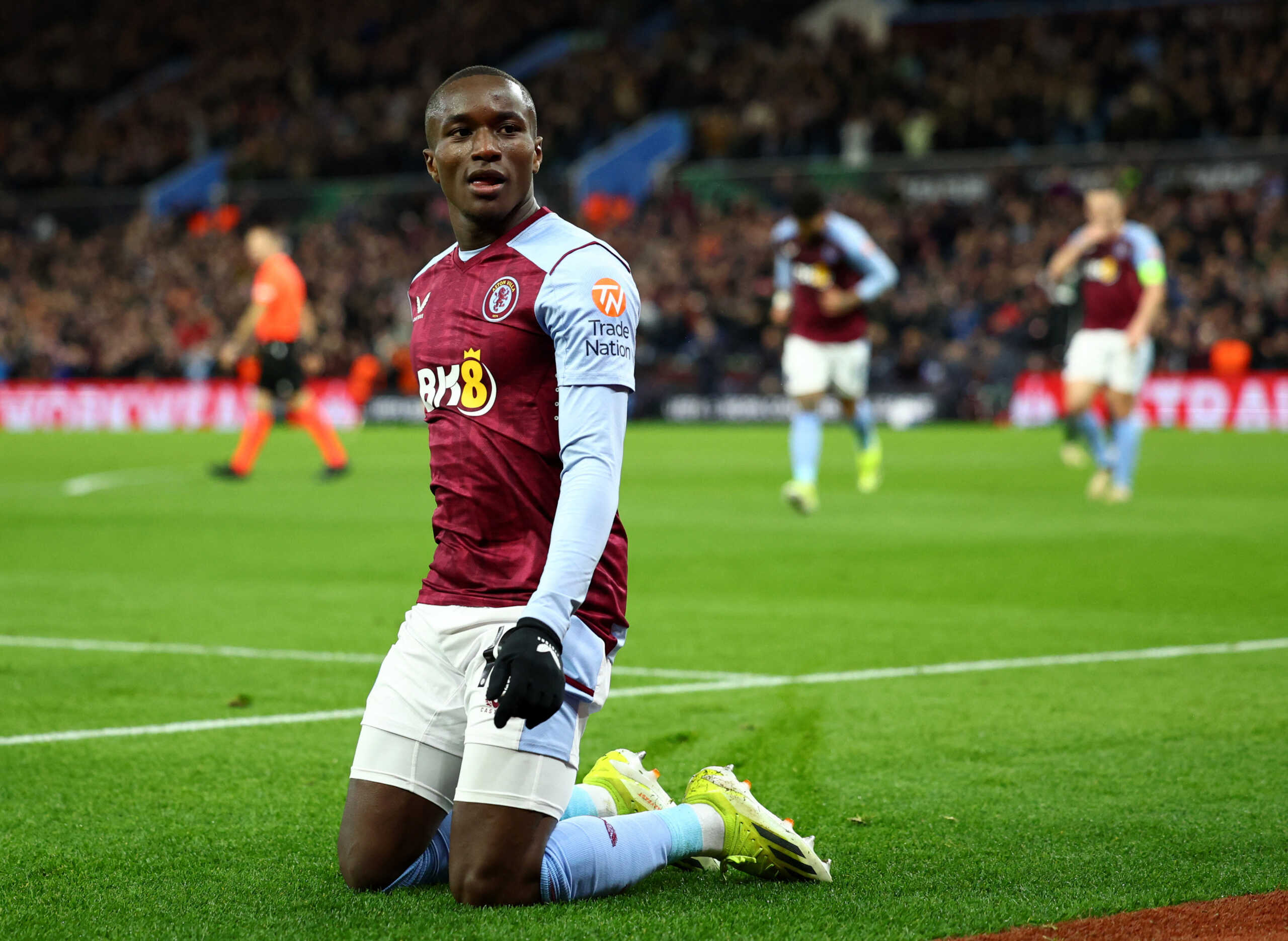 Soccer Football - Europa Conference League - Round of 16 - Second Leg - Aston Villa v Ajax Amsterdam - Villa Park, Birmingham, Britain - March 14, 2024 Aston Villa's Moussa Diaby celebrates scoring their fourth goal Action Images via Reuters