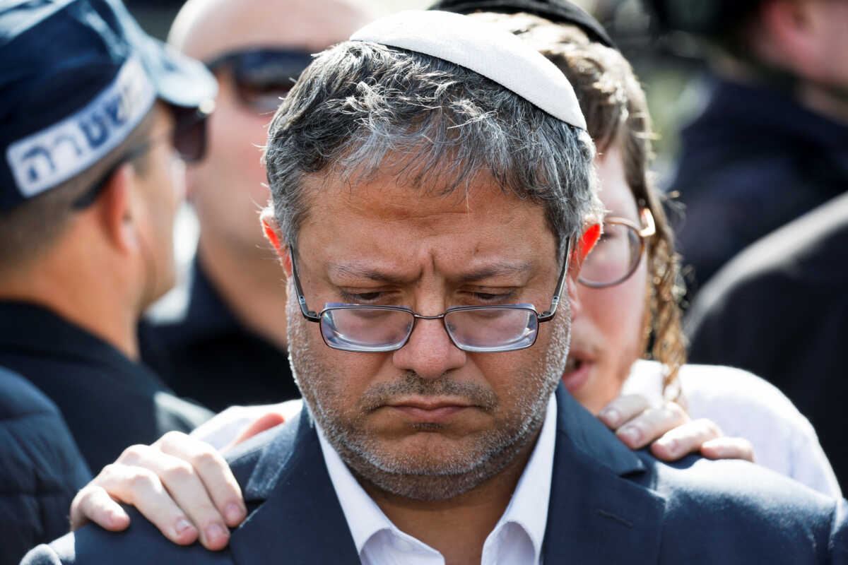 Israel's National Security Minister Itamar Ben-Gvir visits the scene of what Israel's police describe as a suspected shooting attack near Bnei Reem, Israel February 16, 2024. REUTERS