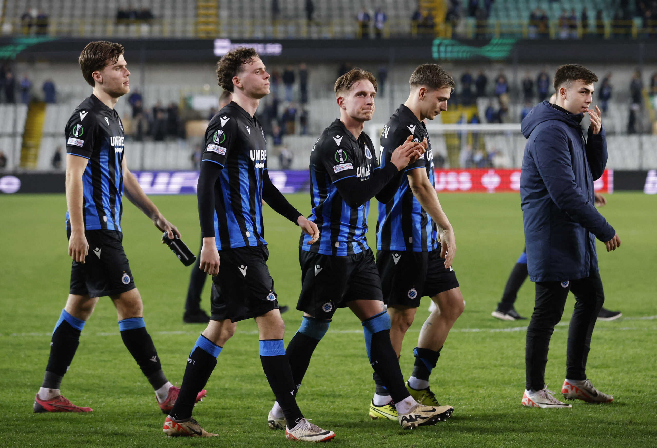 Soccer Football - Europa Conference League - Round of 16 - Second Leg - Club Brugge v Molde - Jan Breydel Stadium, Bruges, Belgium - March 14, 2024 Club Brugge's Michal Skoras applauds fans after the match REUTERS