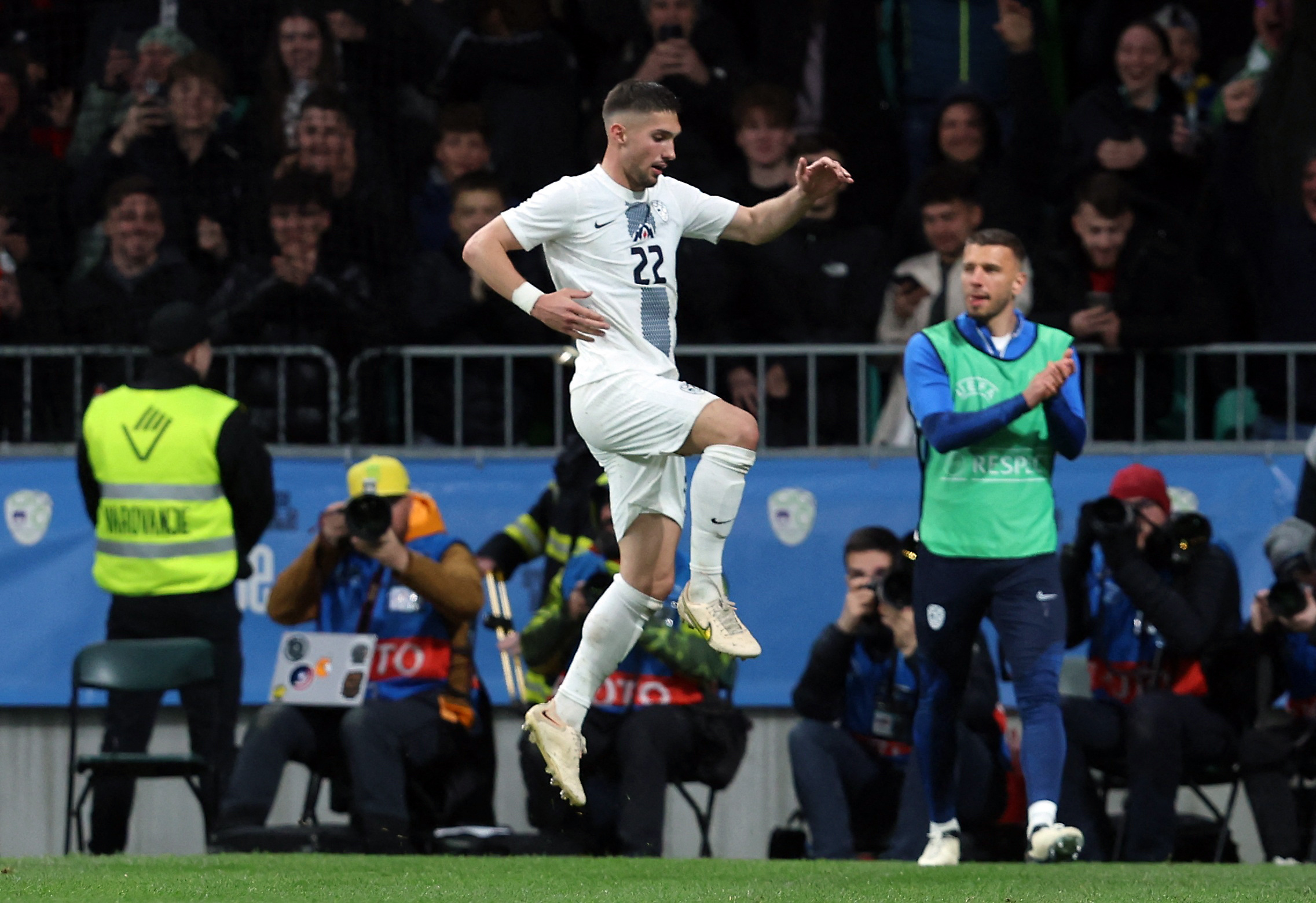 Soccer Football - International Friendly - Slovenia v Portugal - Stozice Stadium, Ljubjana, Slovenia - March 26, 2024 Slovenia's Adam Gnezda Cerin celebrates scoring their first goal REUTERS
