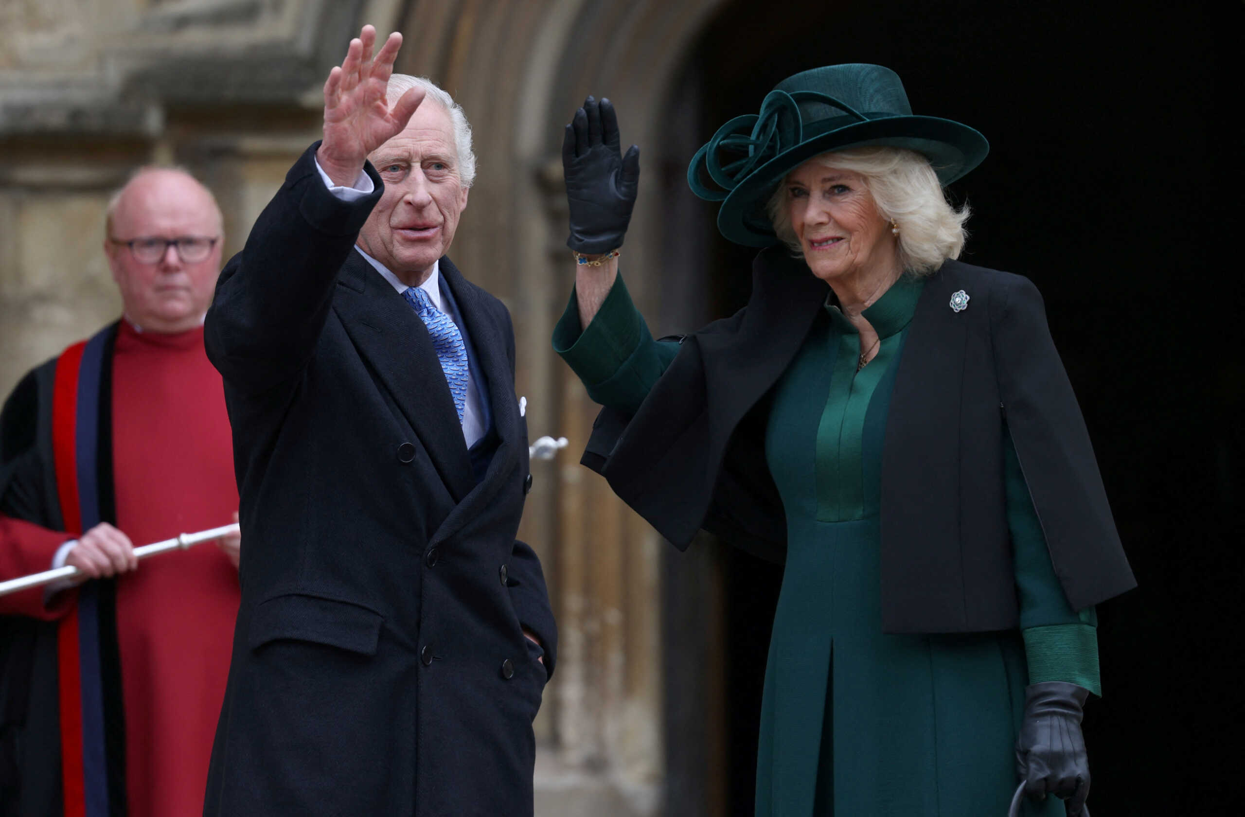 Britain's King Charles and Queen Camilla arrive to attend the Easter Matins Service at St. George's Chapel, Windsor Castle, Britain March 31, 2024. REUTERS