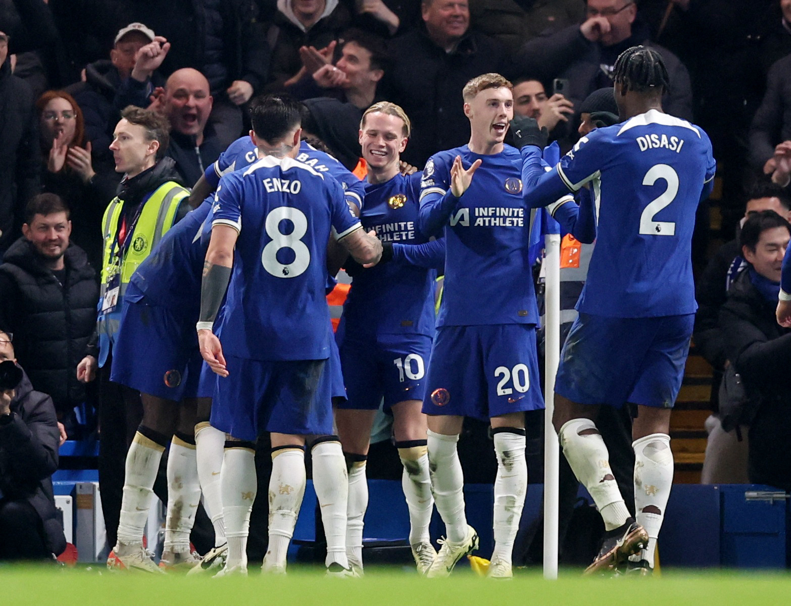 Soccer Football - Premier League - Chelsea v Newcastle United - Stamford Bridge, London, Britain - March 11, 2024 Chelsea's Mykhailo Mudryk celebrates scoring their third goal with teammates REUTERS