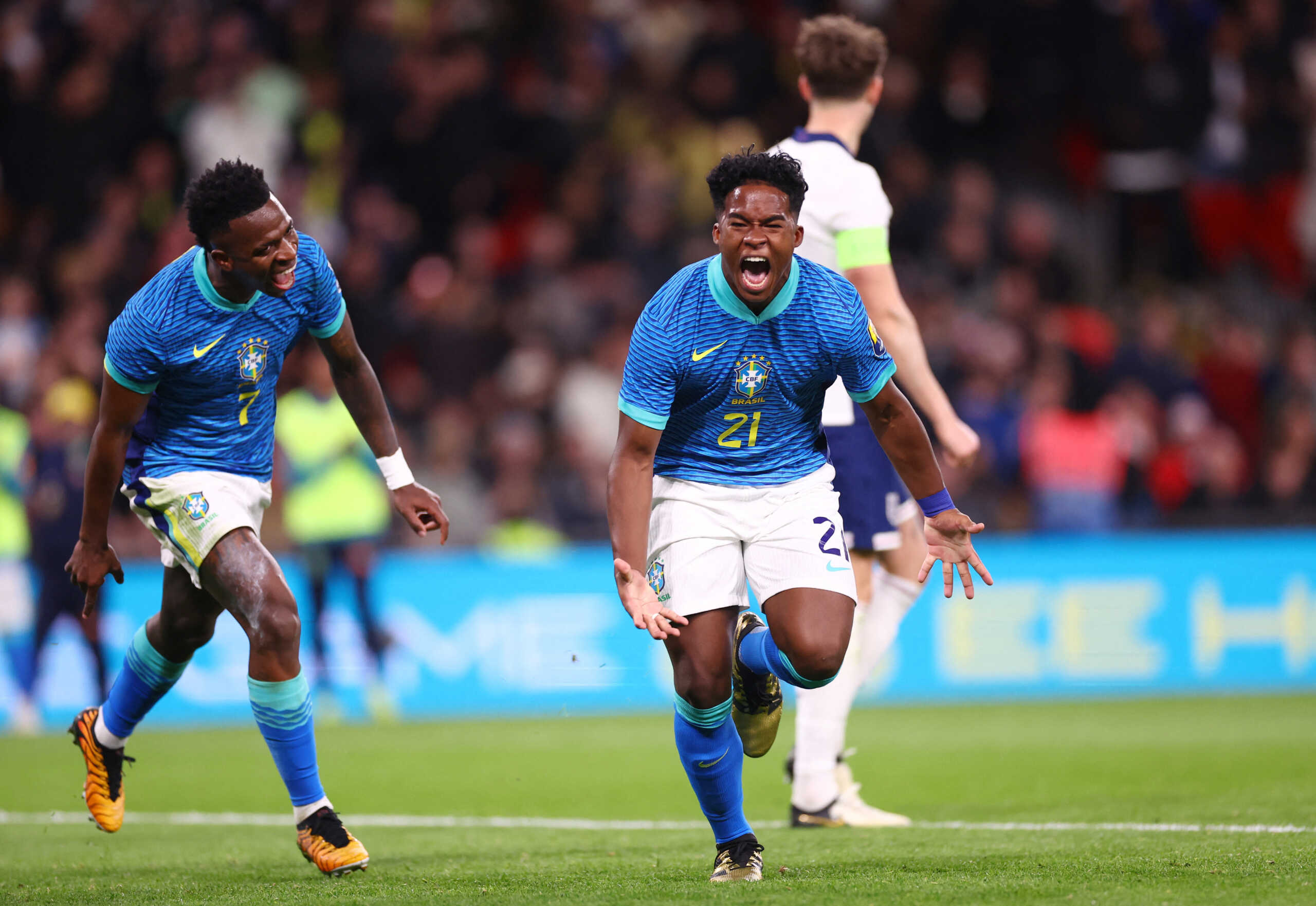 Soccer Football - International Friendly - England v Brazil - Wembley Stadium, London, Britain - March 23, 2024 Brazil's Endrick celebrates scoring their first goal with Vinicius Junior REUTERS