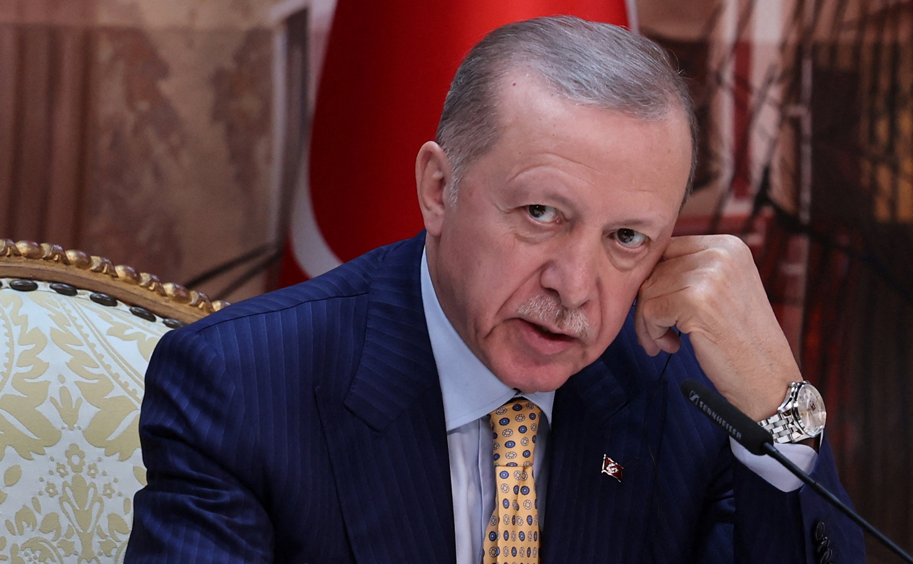 Turkish President Tayyip Erdogan attends a press conference with his Ukrainian counterpart Volodymyr Zelenskiy (not pictured) in Istanbul, Turkey, March 8, 2024. REUTERS