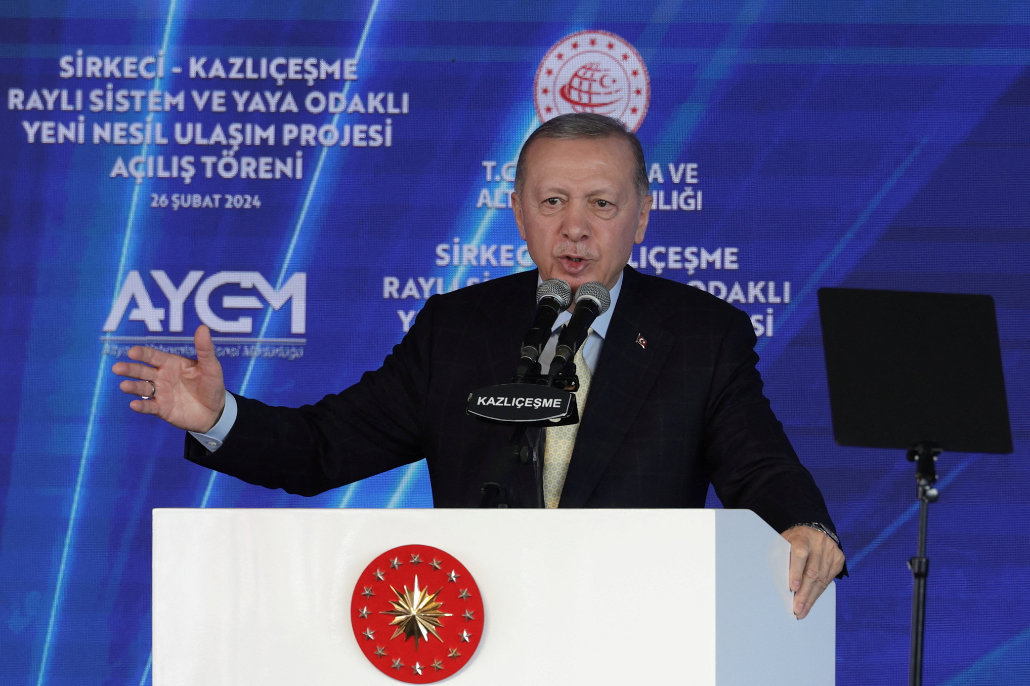 Turkish President Tayyip Erdogan speaks during an opening ceremony for a rail project in Istanbul, Turkey February 26, 2024. REUTERS