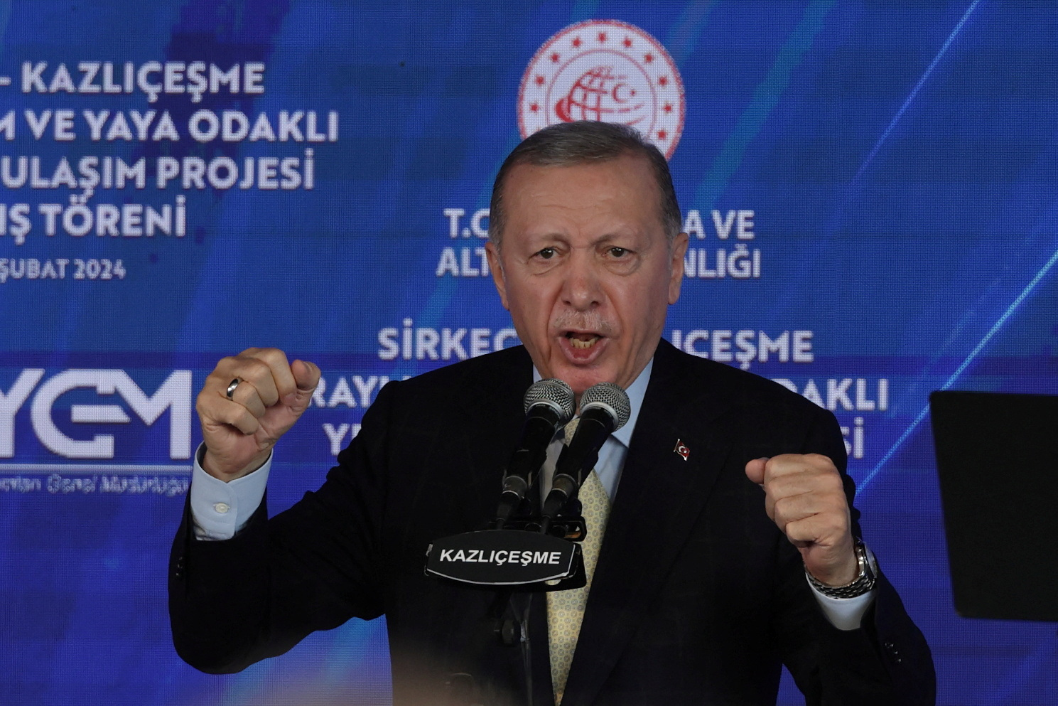 Turkish President Tayyip Erdogan speaks during an opening ceremony for a rail project in Istanbul, Turkey February 26, 2024. REUTERS