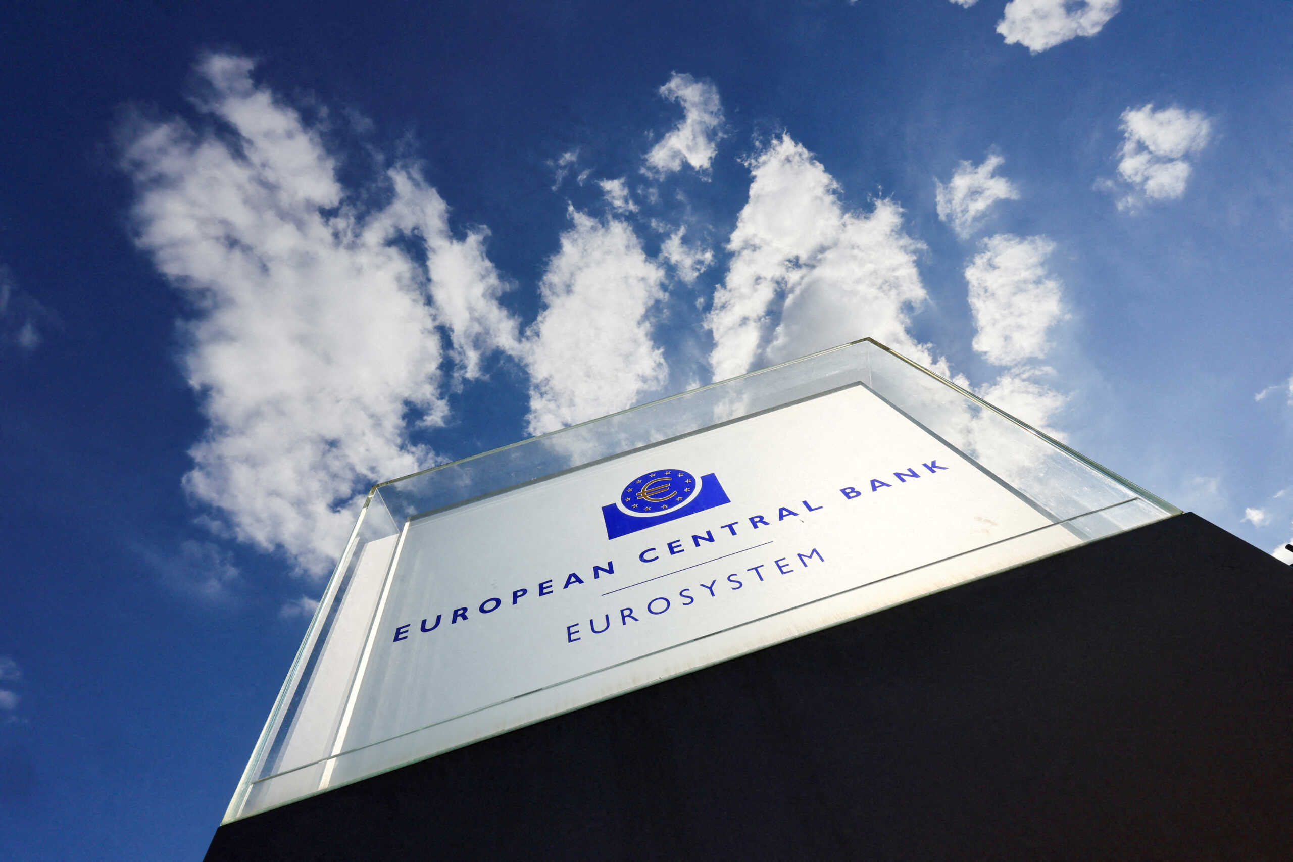 FILE PHOTO: A view shows the signboard of the European Central Bank (ECB), on the day of the monthly news conference following the ECB's monetary policy meeting in Frankfurt, Germany, September 14, 2023. REUTERS