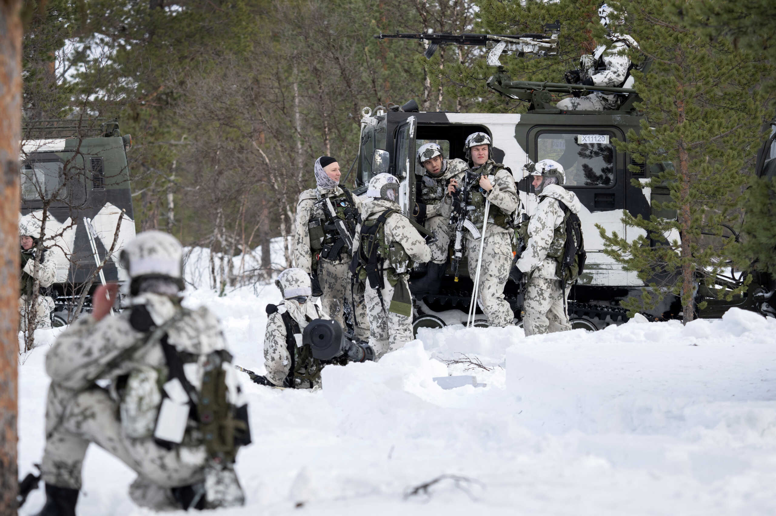 Finnish hunter soldiers attend training with Swedish units as part of NATO's Nordic Response exercise, in Hetta, Finland, March 5, 2024. Anders Wiklund