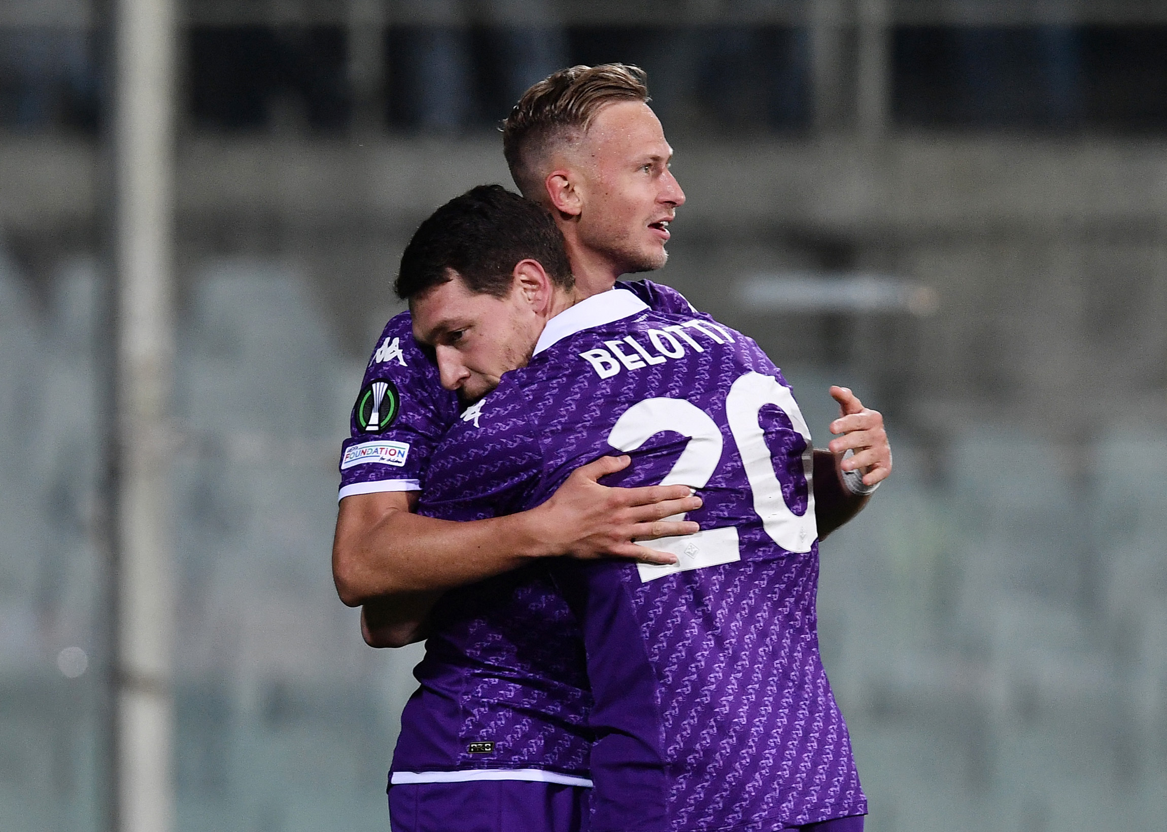 Soccer Football - Europa Conference League - Round of 16 - Second Leg - Fiorentina v Maccabi Haifa - Stadio Artemio Franchi, Florence, Italy - March 14, 2024 Fiorentina's Antonin Barak celebrates scoring their first goal with Andrea Belotti REUTERS