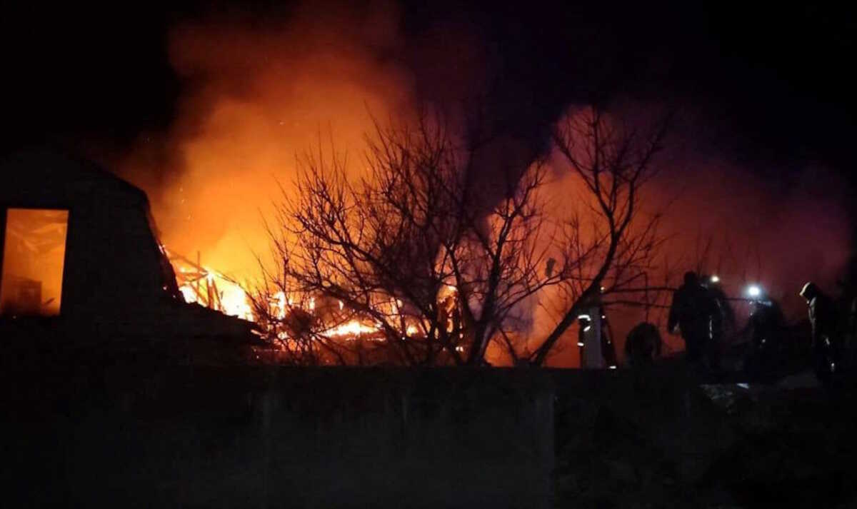 Fire and smoke rise following a drone attack, amid Russia's attack on Ukraine, in a place given as Vinnitsya region, Ukraine, in this handout picture released on March 14, 2024. Serhiy Borzov via Telegram