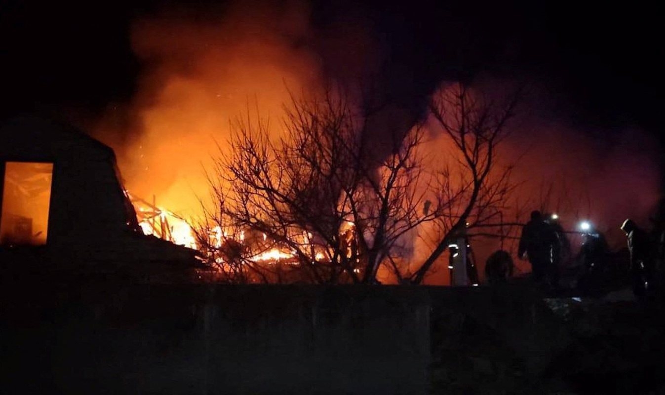Fire and smoke rise following a drone attack, amid Russia's attack on Ukraine, in a place given as Vinnitsya region, Ukraine, in this handout picture released on March 14, 2024. Serhiy Borzov via Telegram