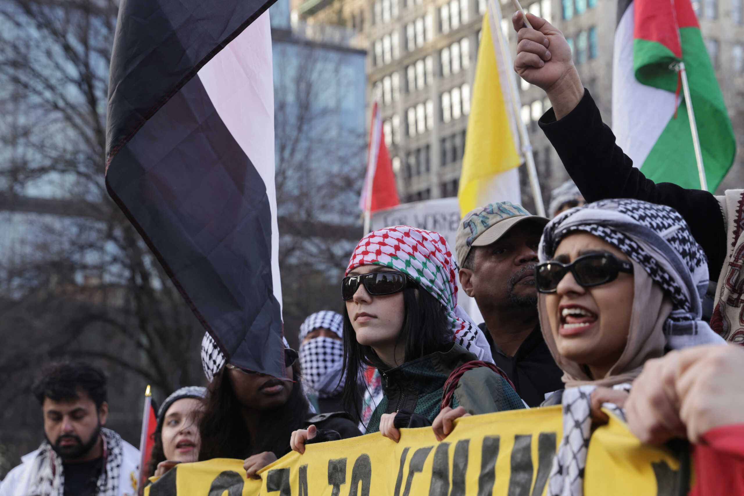 People attend an International Women's Day Global Strike For Gaza rally at Union square, in New York City, U.S., March 8, 2024. REUTERS