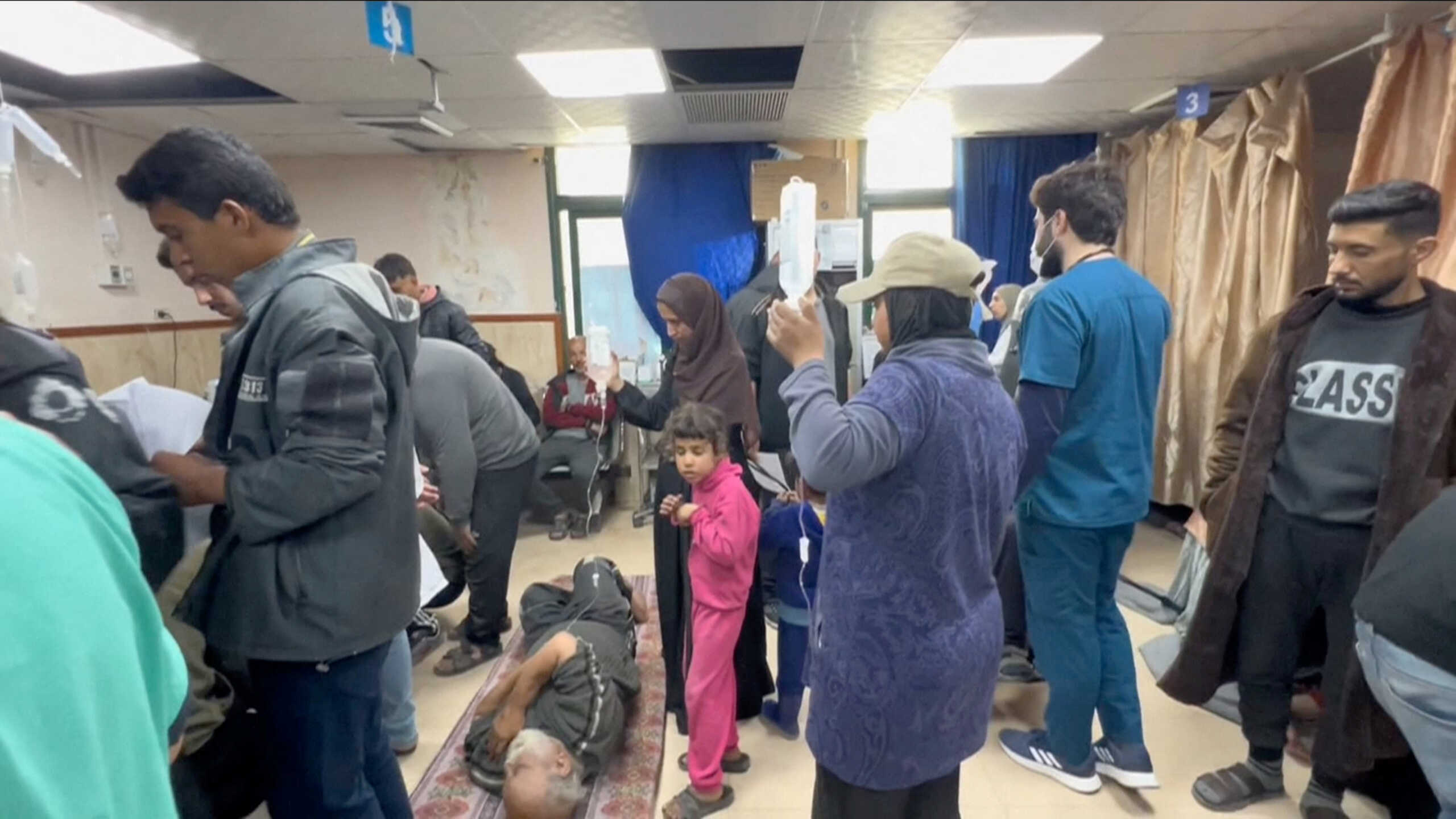 A general view shows a rush of people at Al-Aqsa Hospital, amid the ongoing conflict between Israel and Palestinian Islamist group Hamas, in Deir Al-Balah, Gaza, in this screen grab obtained from a handout video released March 18, 2024. World Health Organization (WHO)