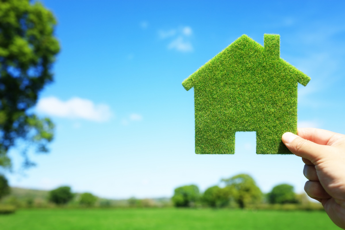 Green ecological house in empty field concept for construction and real estate