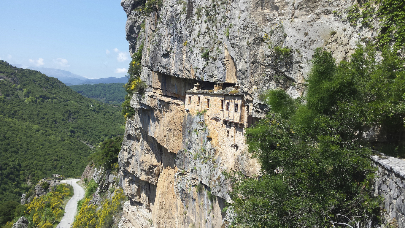 Greece, Epirus, Monastery Kipinas from 13th century, built on rock face
