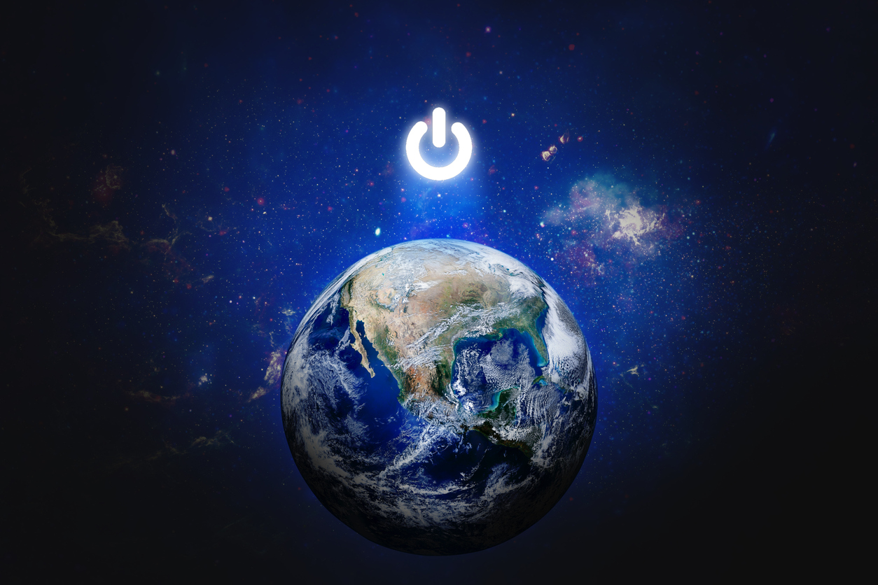 Earth Hour, Ecology and Environment Concept : Blue planet earth in the space with electric power button for Earth Hour Event. (Elements of this image furnished by NASA.) (Link : https: