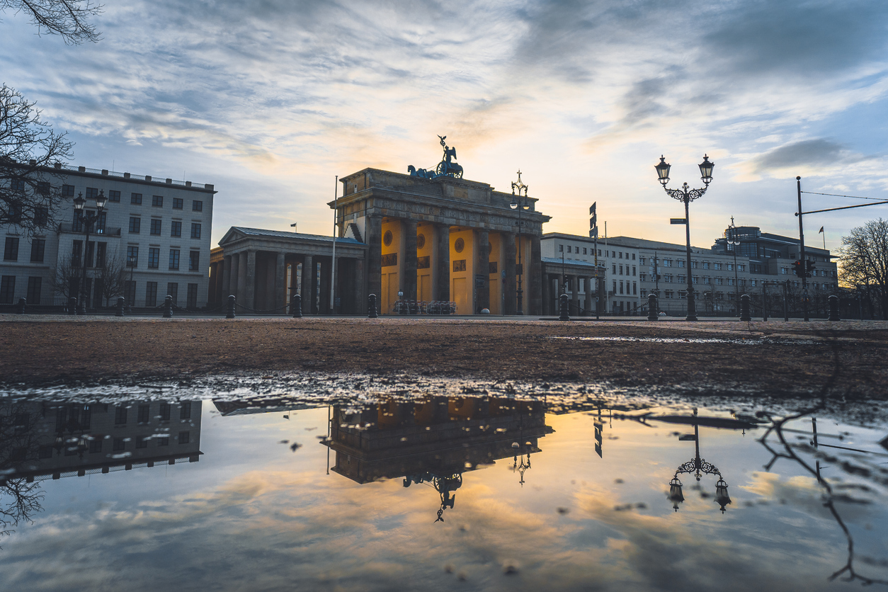Brandenburg Gate view after rain during day in Berlin, Germany