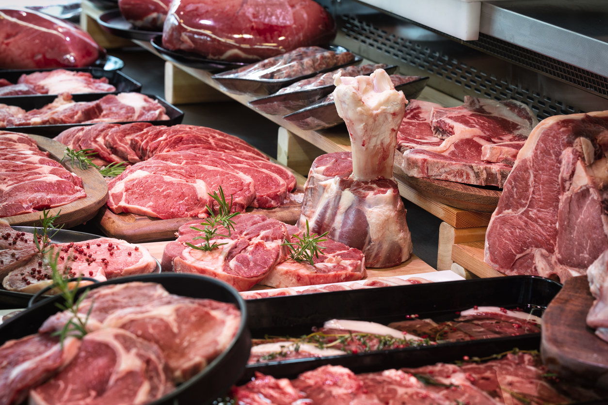 Raw meats on Butcher's shop. Stock Image.