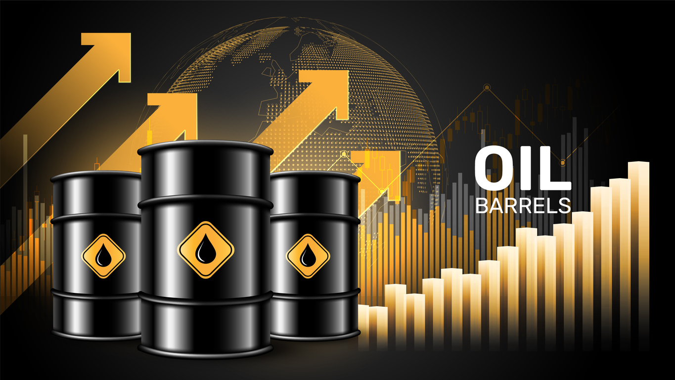 Oil price rising concept Oil barrels on a growth chart background. Investment market and trade arrows up, vector illustration eps10