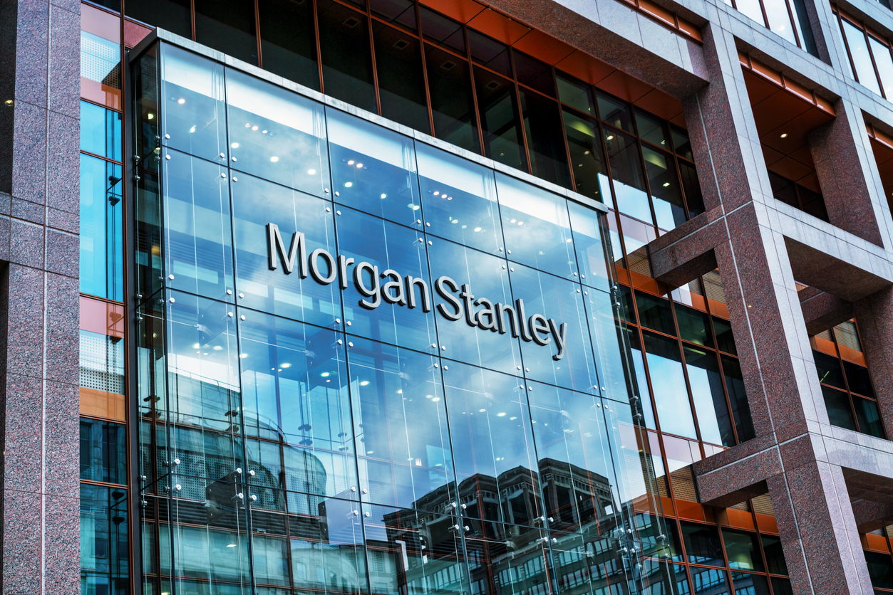 London, UK - September 4, 2015: The facade and sign of modern bank building from Morgan Stanley with reflections.