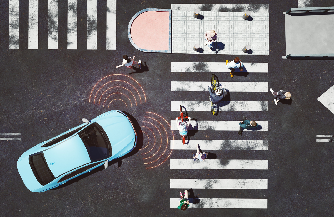 Modern vehicle with ai-assisted sensors for movement. 3D generated image. Vehicle is generic, custom modeled and not based on any real brand