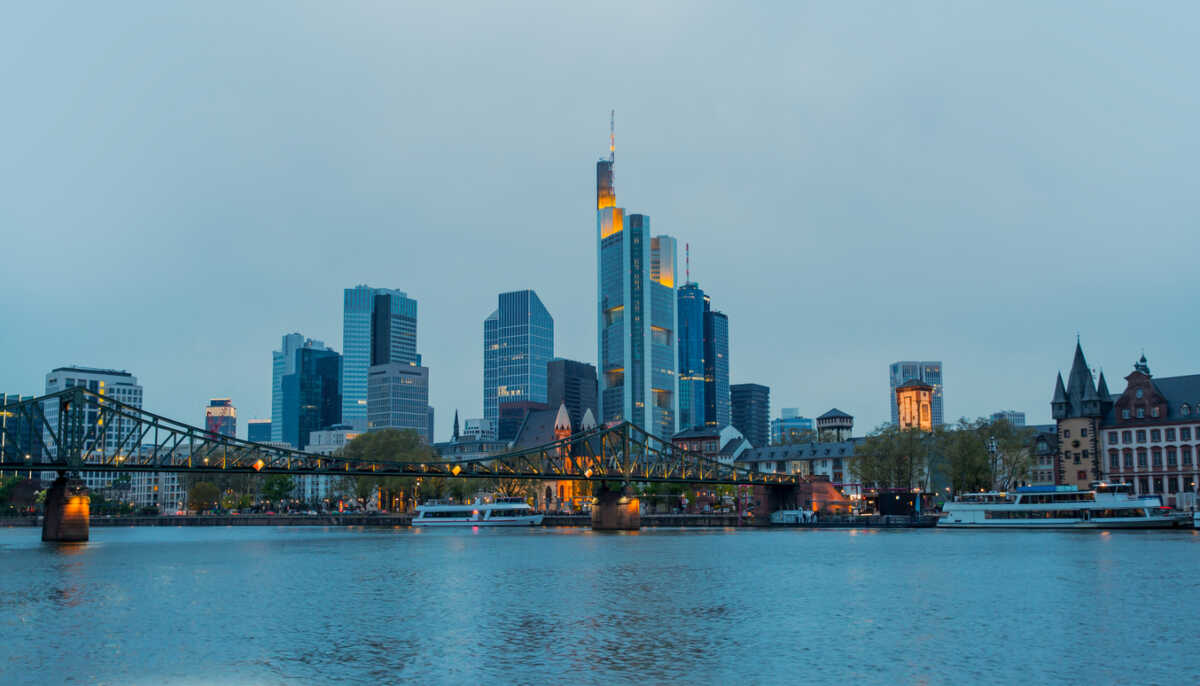 View of Frankfurt am Main skyline at dusk, Germany