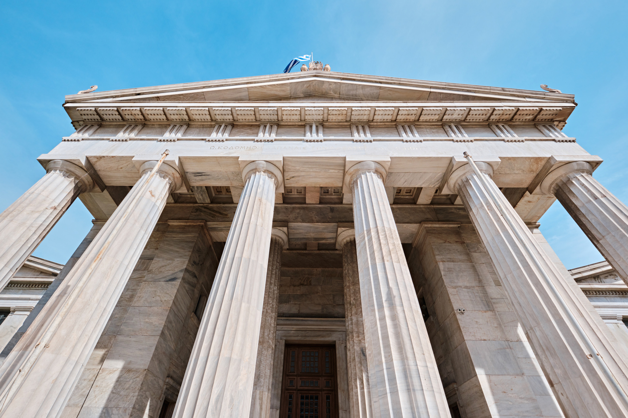 Athens, Greece - March 03, 2024: Architectural details of former National Library of Athens, an architectural masterpiece built in late 1800's by architects Ernst Ziller and Theo Hansen