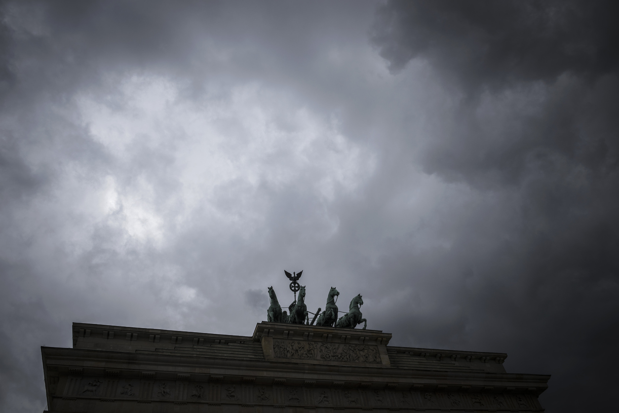 Dark clouds over the Brandenburg Gate in Berlin, Germany