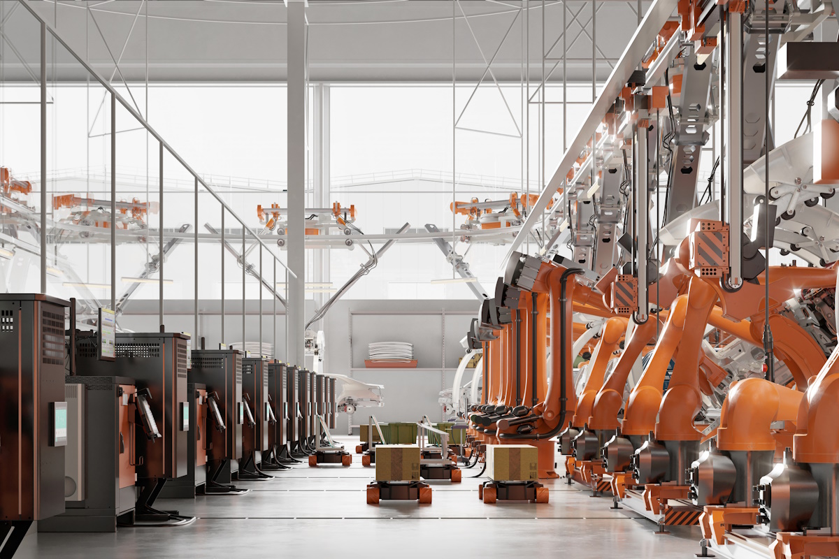 3d rendering of automobile production line using robots to work in smart factories. Automated car manufacturing plant.