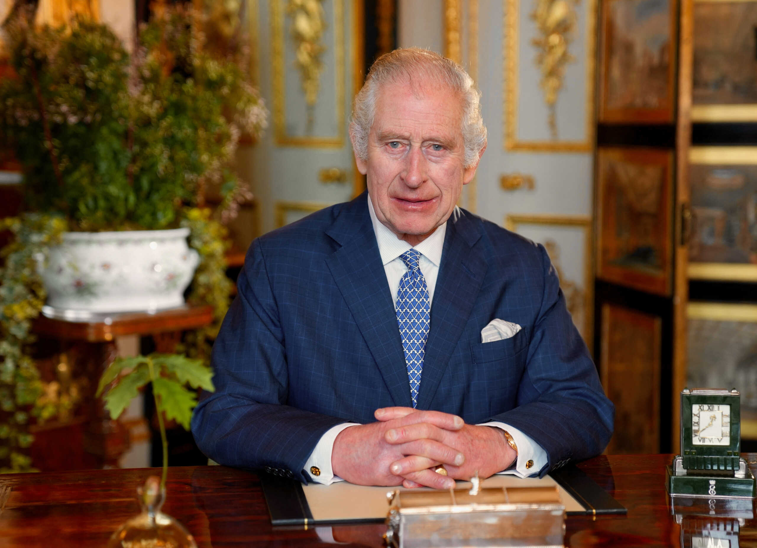 Britain's King Charles is seen during the recording of the his Commonwealth message which was filmed in the White Drawing Room at Windsor Castle in Windsor, Britain, in February, in this handout photo issued by the Royal Household on March 11, 2024. Royal Household