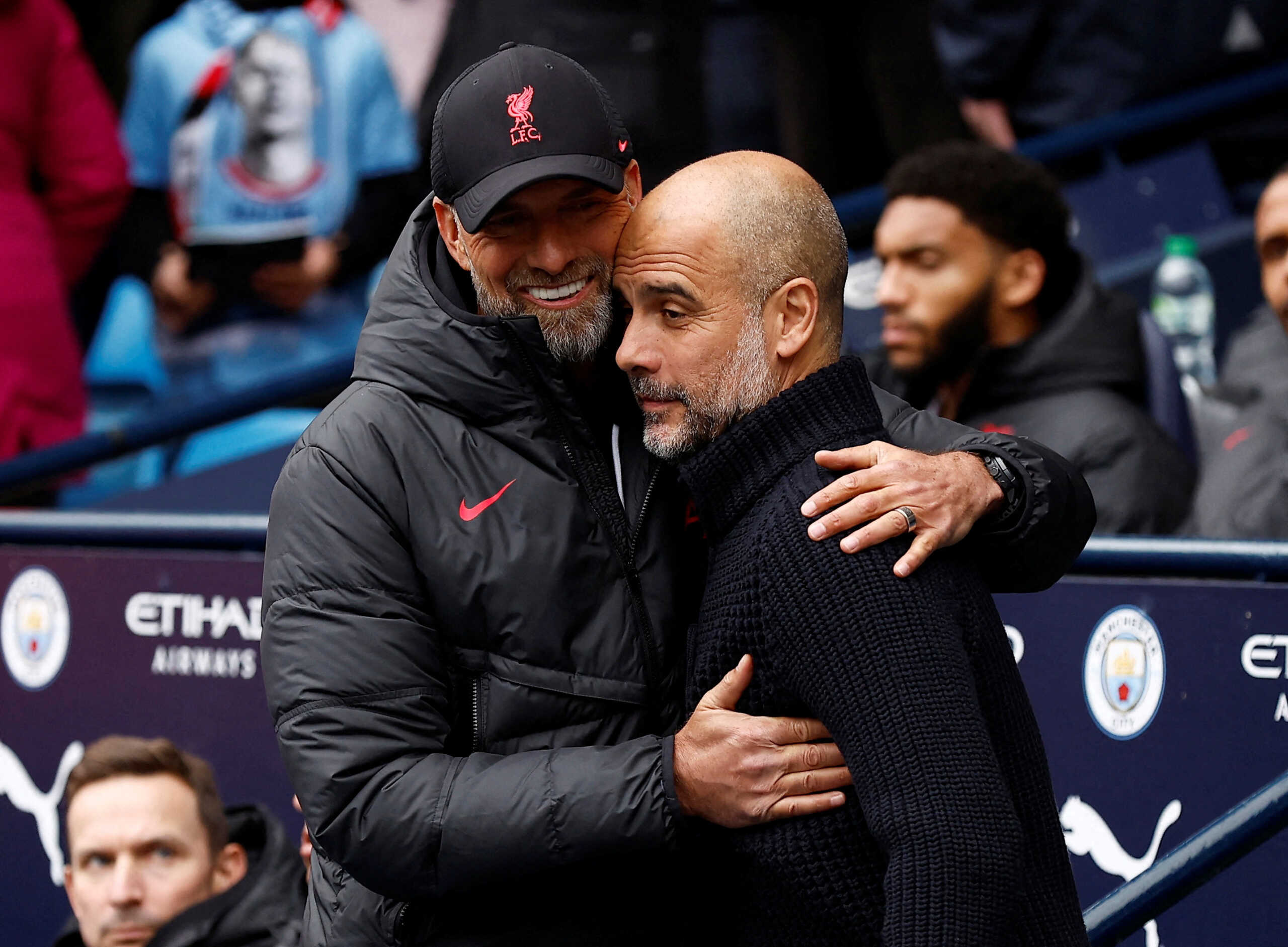 FILE PHOTO: Soccer Football - Premier League - Manchester City v Liverpool - Etihad Stadium, Manchester, Britain - April 1, 2023  Manchester City manager Pep Guardiola with Liverpool manager Juergen Klopp before the match Action Images via Reuters