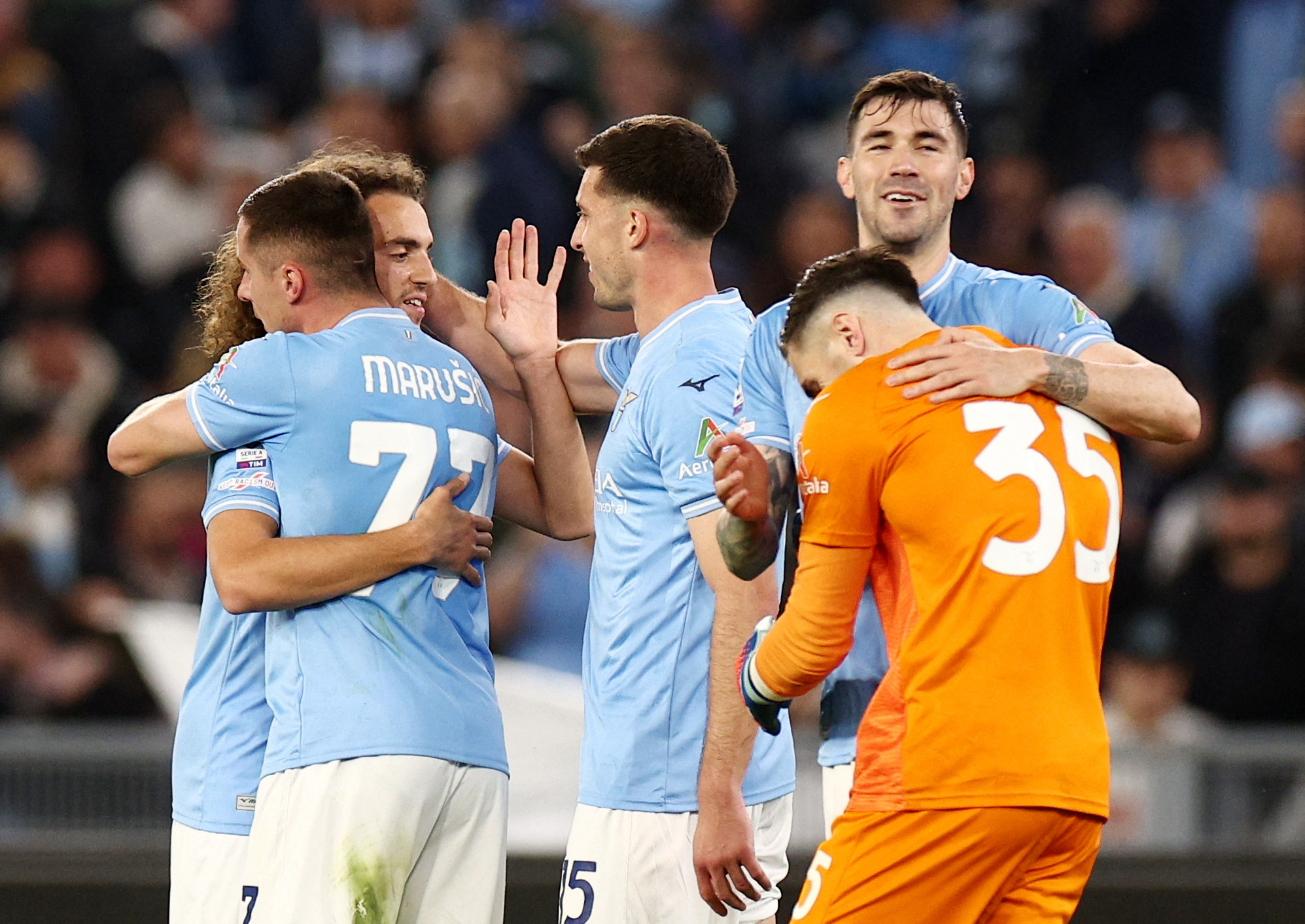 Soccer Football - Serie A - Lazio v Juventus - Stadio Olimpico, Rome, Italy - March 30, 2024 Lazio's Christos Mandas and Alessio Romagnoli celebrate after the match REUTERS