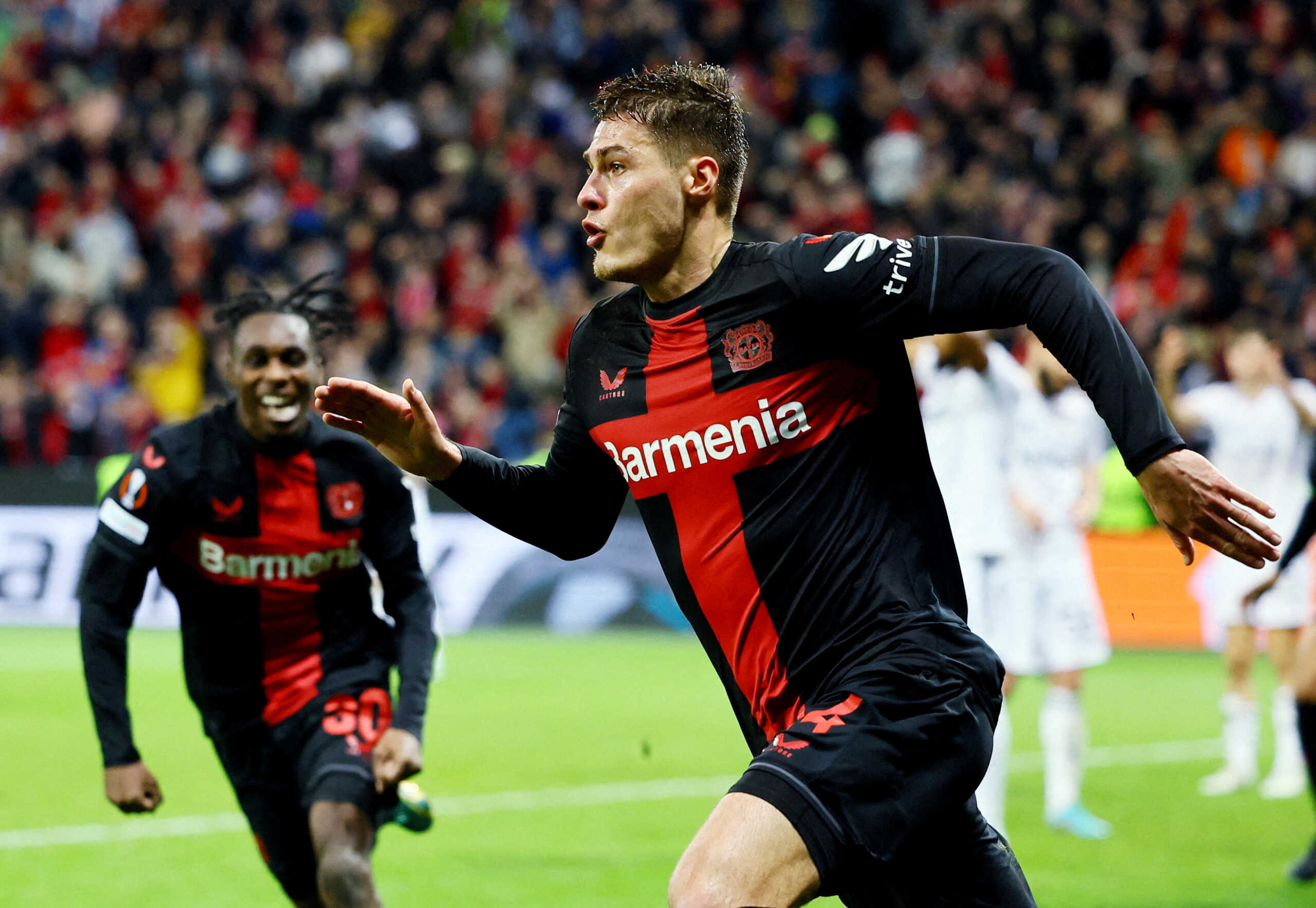 Soccer Football - Europa League - Round of 16 - Second Leg - Bayer Leverkusen v Qarabag - BayArena, Leverkusen, Germany - March 14, 2024 Bayer Leverkusen's Patrik Schick celebrates scoring their third goal REUTERS