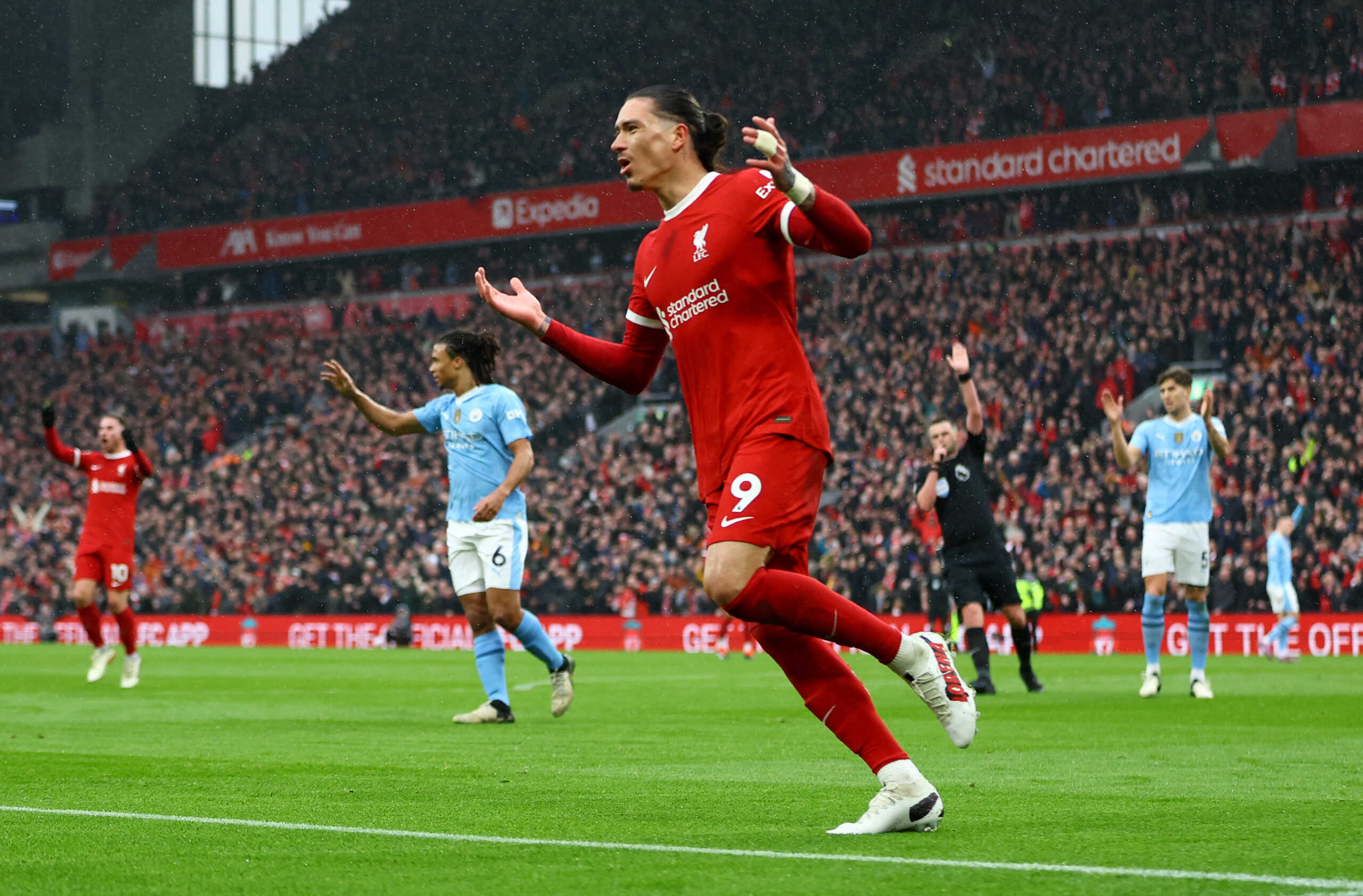 Soccer Football - Premier League - Liverpool v Manchester City - Anfield, Liverpool, Britain - March 10, 2024 Liverpool's Darwin Nunez reacts after scoring an offside goal REUTERS