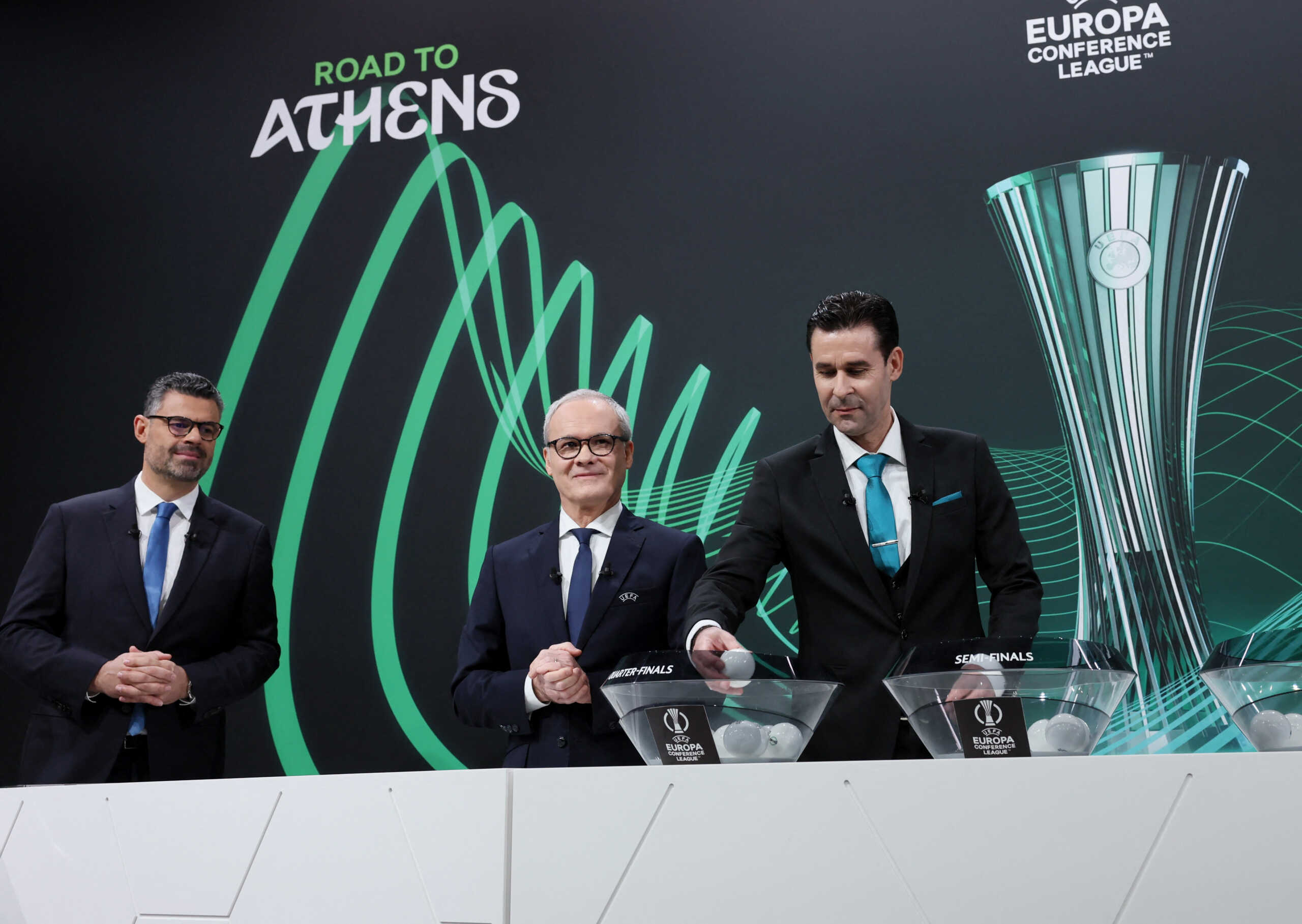Soccer Football - Europa Conference League - Draw For Quarter Final, Semi Final and Final - UEFA Headquarters, Nyon, Switzerland - March 15, 2024 Former footballer Vasilis Tsiartas, UEFA General Secretary and Director of Football Giorgio Marchetti and UEFA Managing Director of Communications Pedro Pinto are pictured before the draw REUTERS