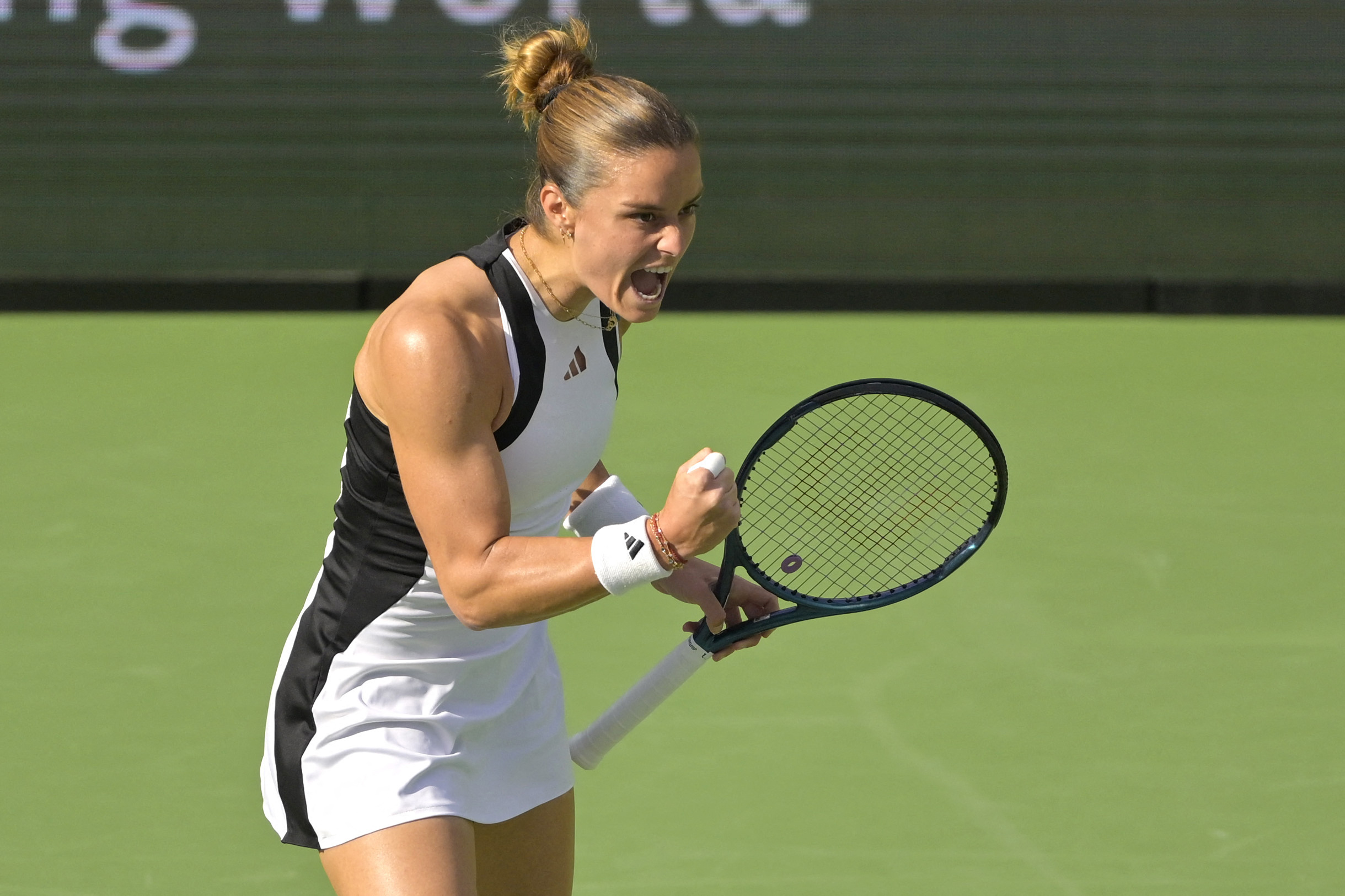 Mar 13, 2024; Indian Wells, CA, USA;  Maria Sakkari (GRE) reacts after a point in her fourth round match against Diane Parry (FRA) in the BNP Paribas Open at the Indian Wells Tennis Garden. Mandatory Credit: Jayne Kamin-Oncea-USA TODAY Sports