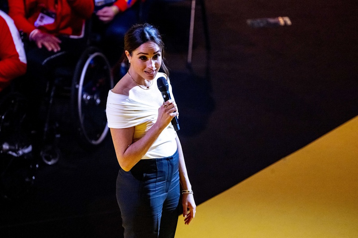 epa09893808 The Duchess of Sussex Meghan Markle speaks during the opening ceremony of the Invictus Games in The Hague, The Netherlands, 16 April 2022. The Invictus Games will take place from 16 to 22 April 2022 at the Zuiderpark and are intended for military personnel and veterans who have been psychologically or physically injured in service.  EPA