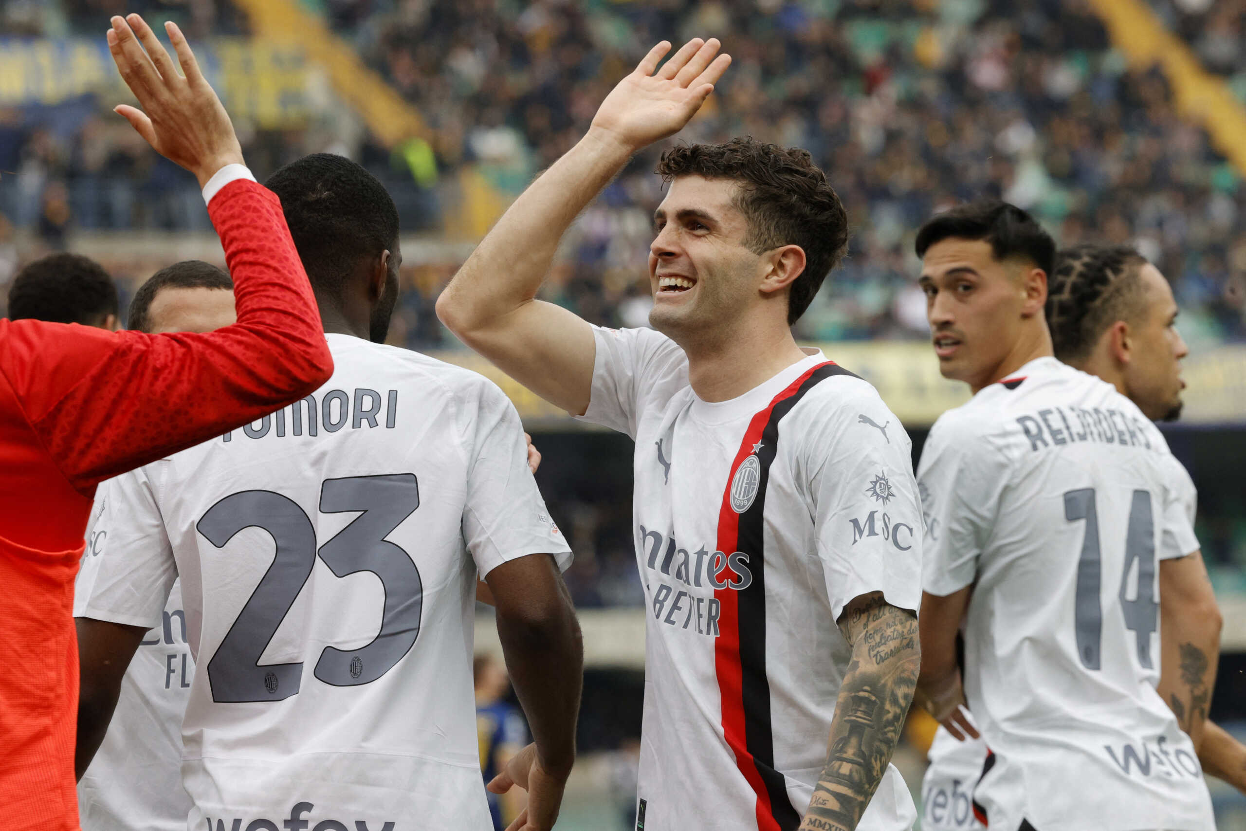 Soccer Football - Serie A - Hellas Verona v AC Milan - Stadio Marc'Antonio Bentegodi, Verona, Italy - March 17, 2024 AC Milan's Christian Pulisic celebrates scoring their second goal REUTERS
