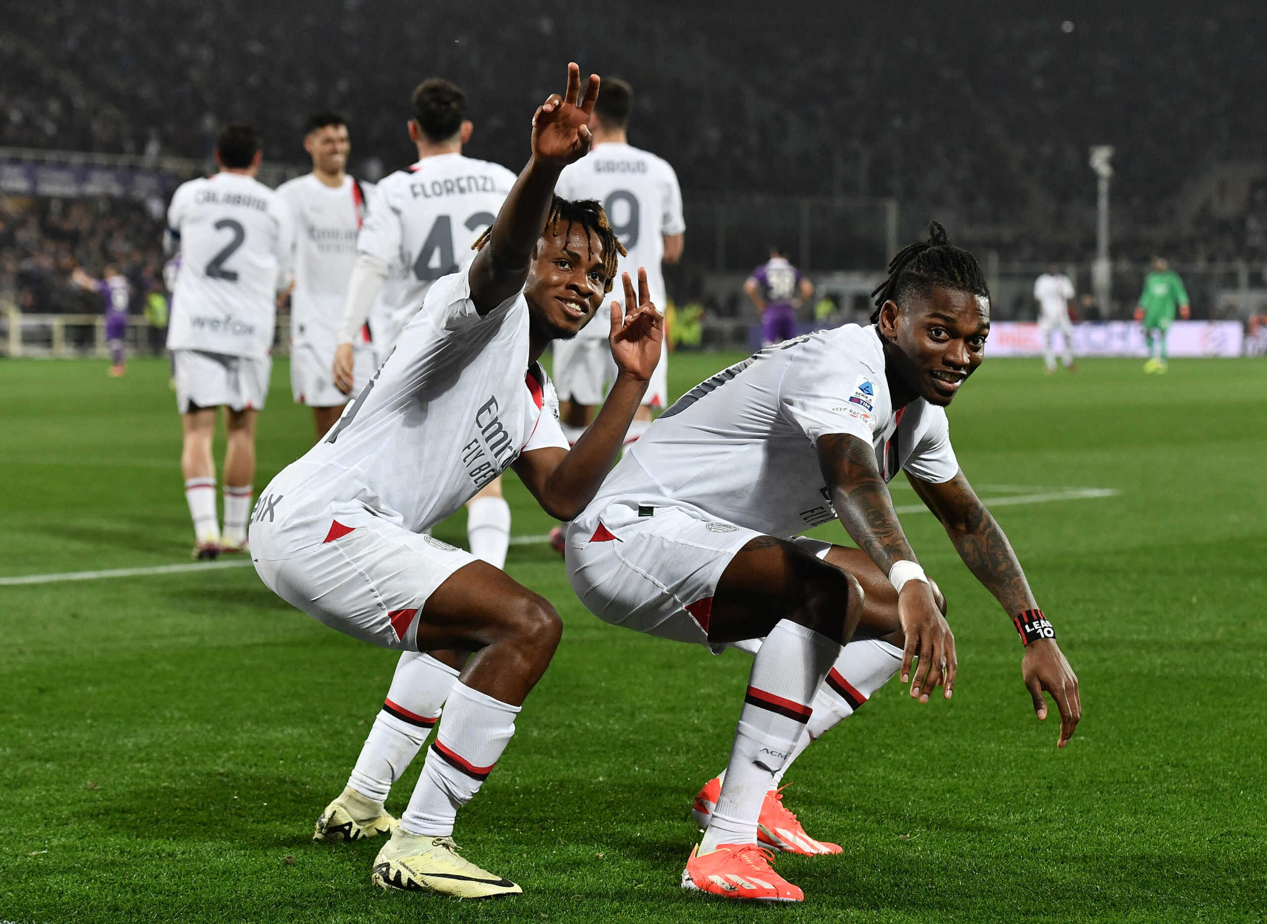 Soccer Football - Serie A - Fiorentina v AC Milan - Stadio Artemio Franchi, Florence, Italy - March 30, 2024 AC Milan's Rafael Leao celebrates scoring their second goal with Samuel Chukwueze REUTERS