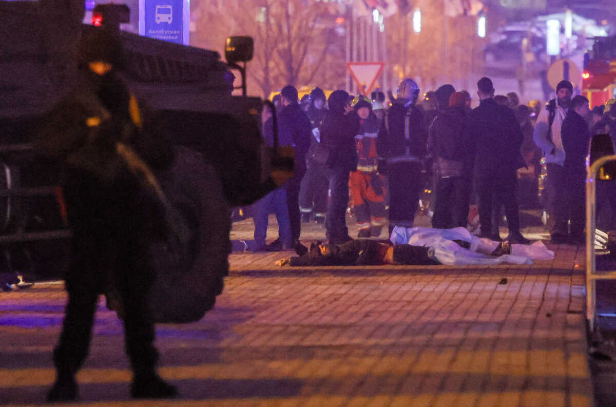 SENSITIVE MATERIAL. THIS IMAGE MAY OFFEND OR DISTURB. A view shows the bodies of killed people near the Crocus City Hall concert venue following a shooting incident, outside Moscow, Russia, March 22, 2024. REUTERS