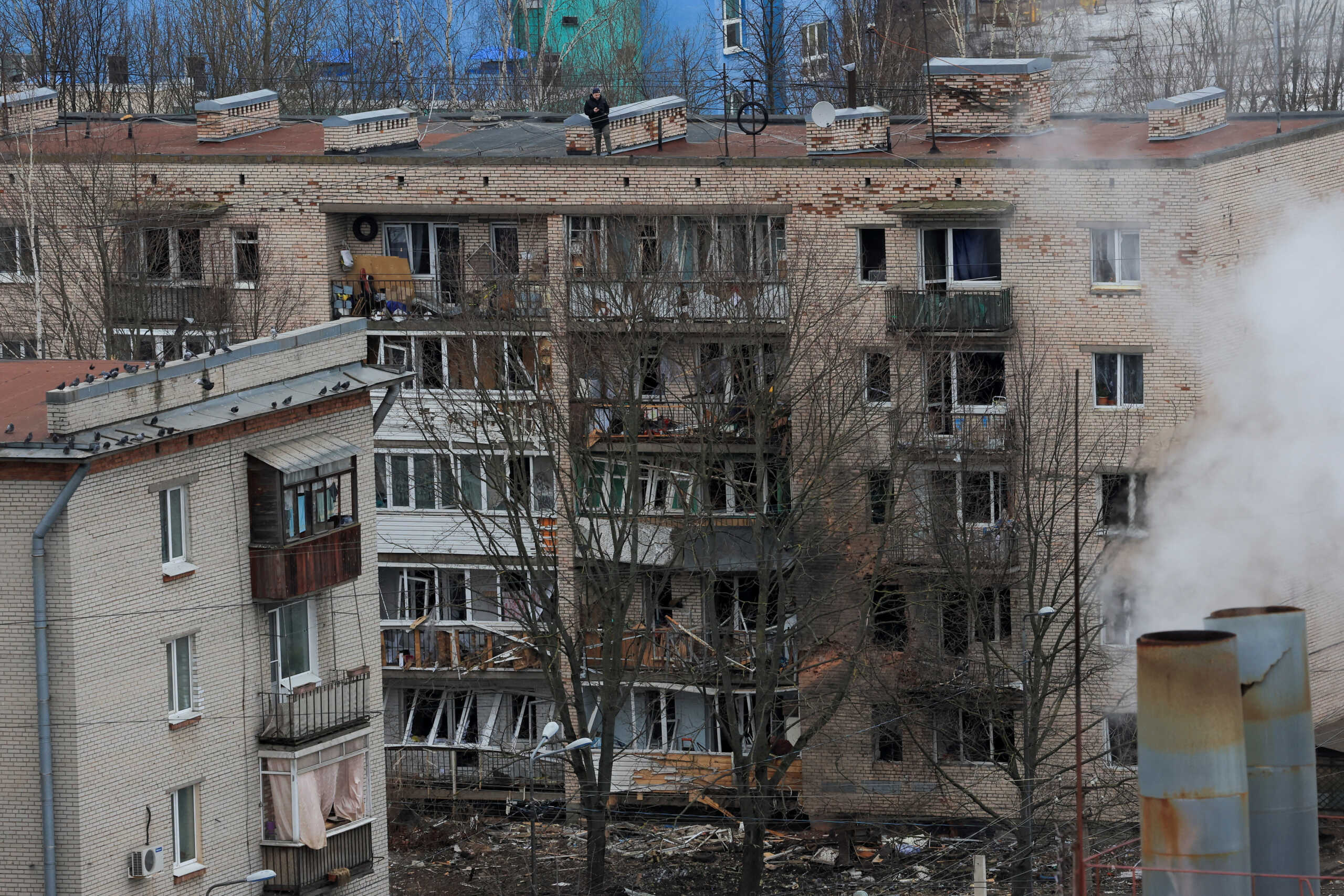 A view shows a damaged multi-storey residential building following an alleged drone attack in Saint Petersburg, Russia, March 2, 2024. REUTERS