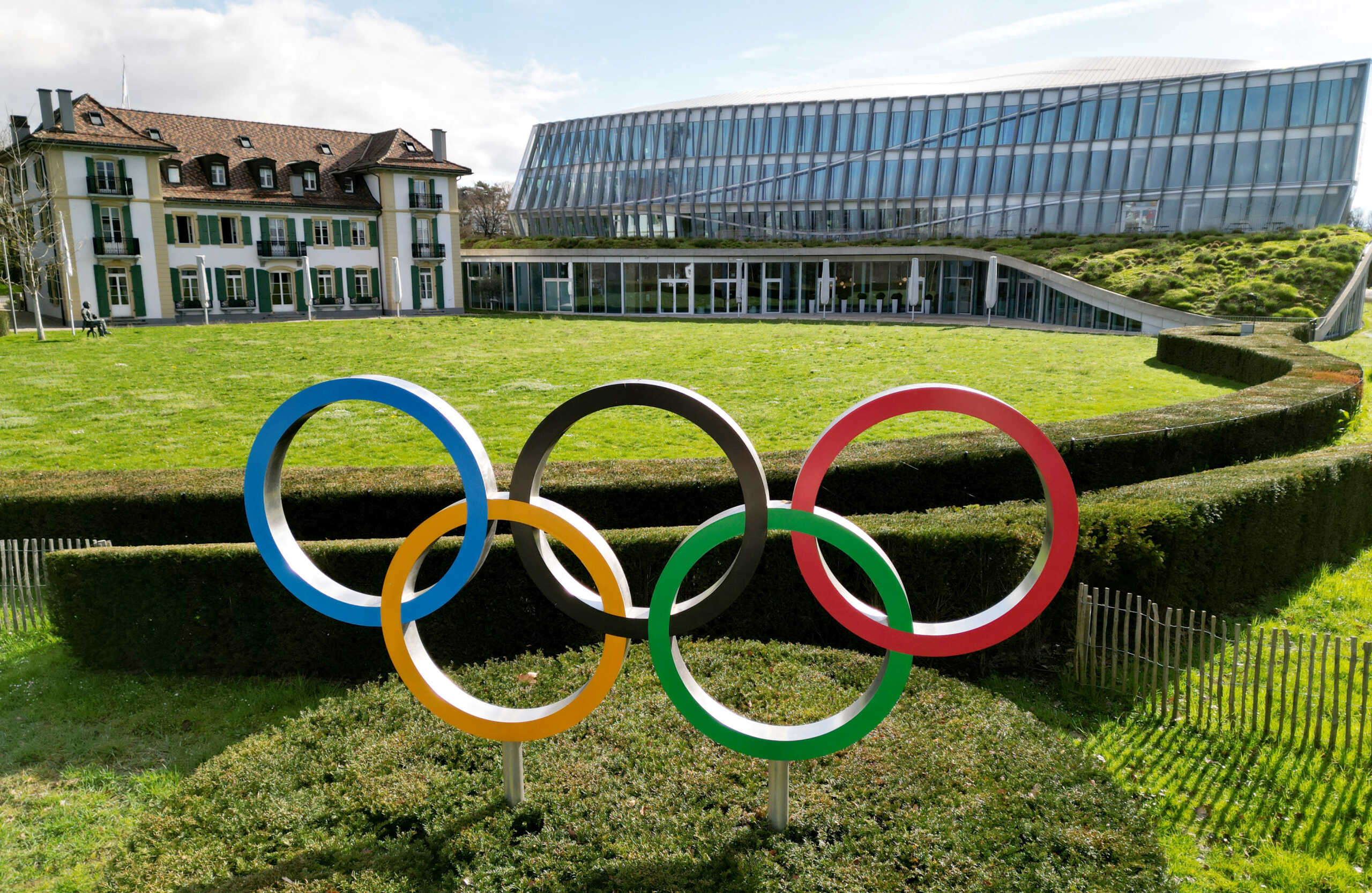 Drone view of the Olympic rings in front to International Olympic Committee (IOC) headquarters in Lausanne, Switzerland, March 19, 2024. REUTERS